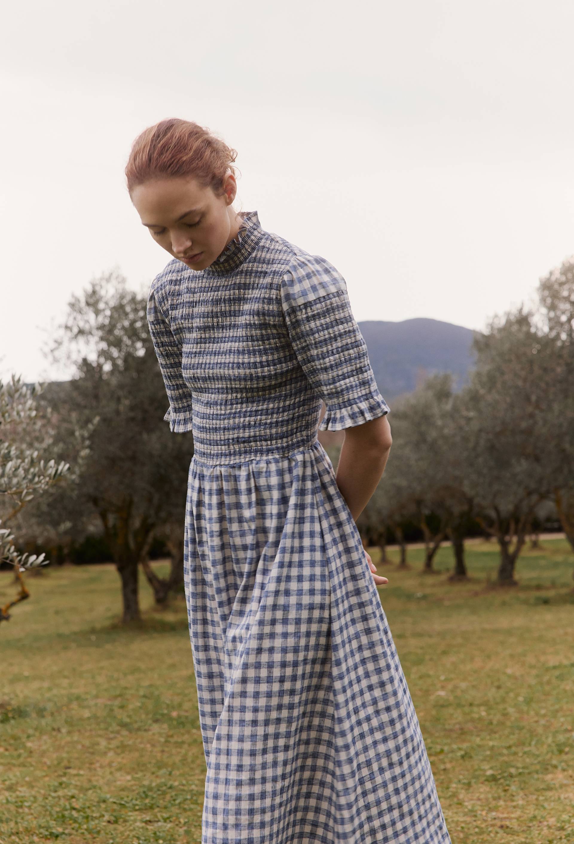 Robe midi imprim&eacute;e vichy, Bleu, swatch image