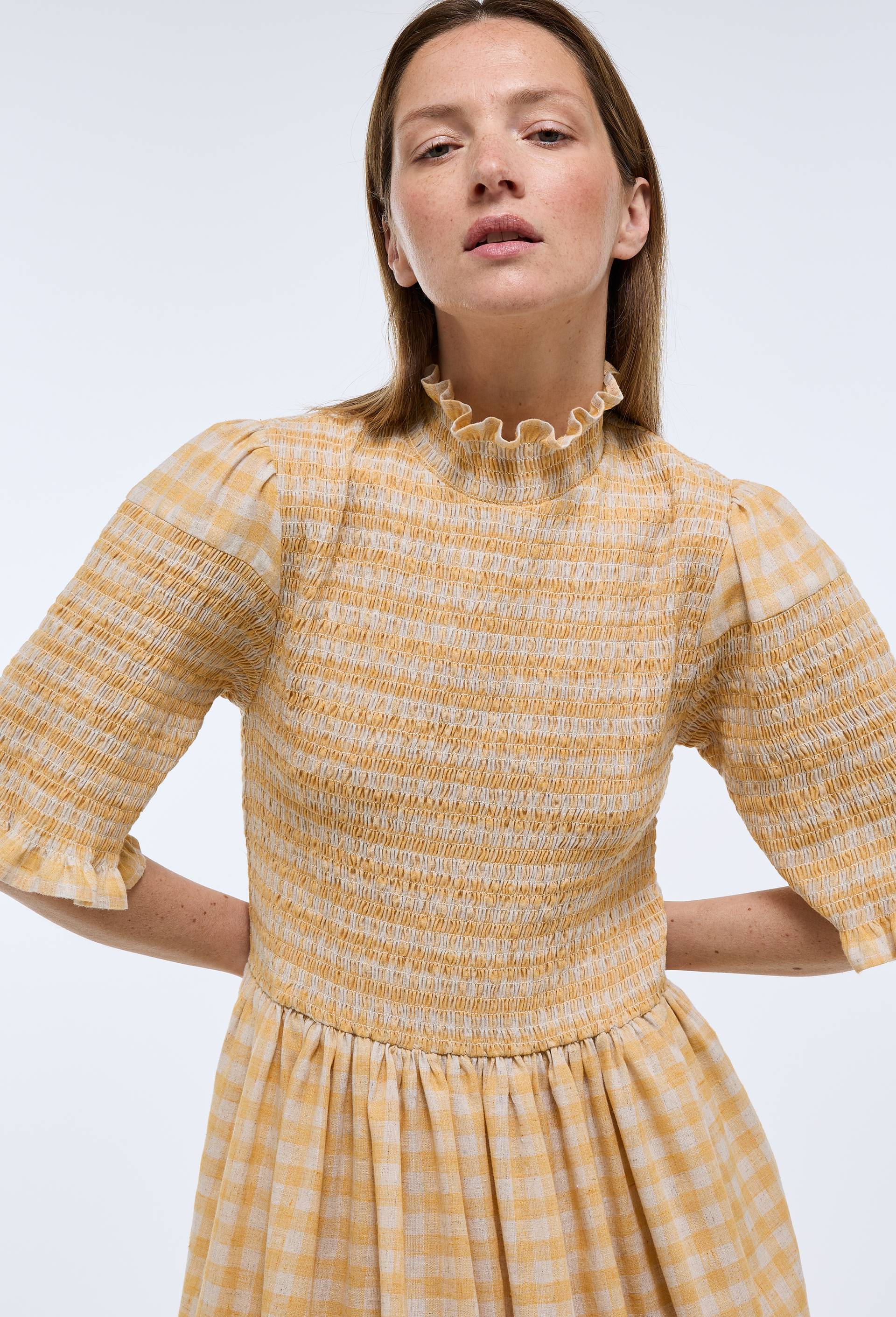 Robe midi imprim&eacute;e vichy, Jaune, large image number 0.0