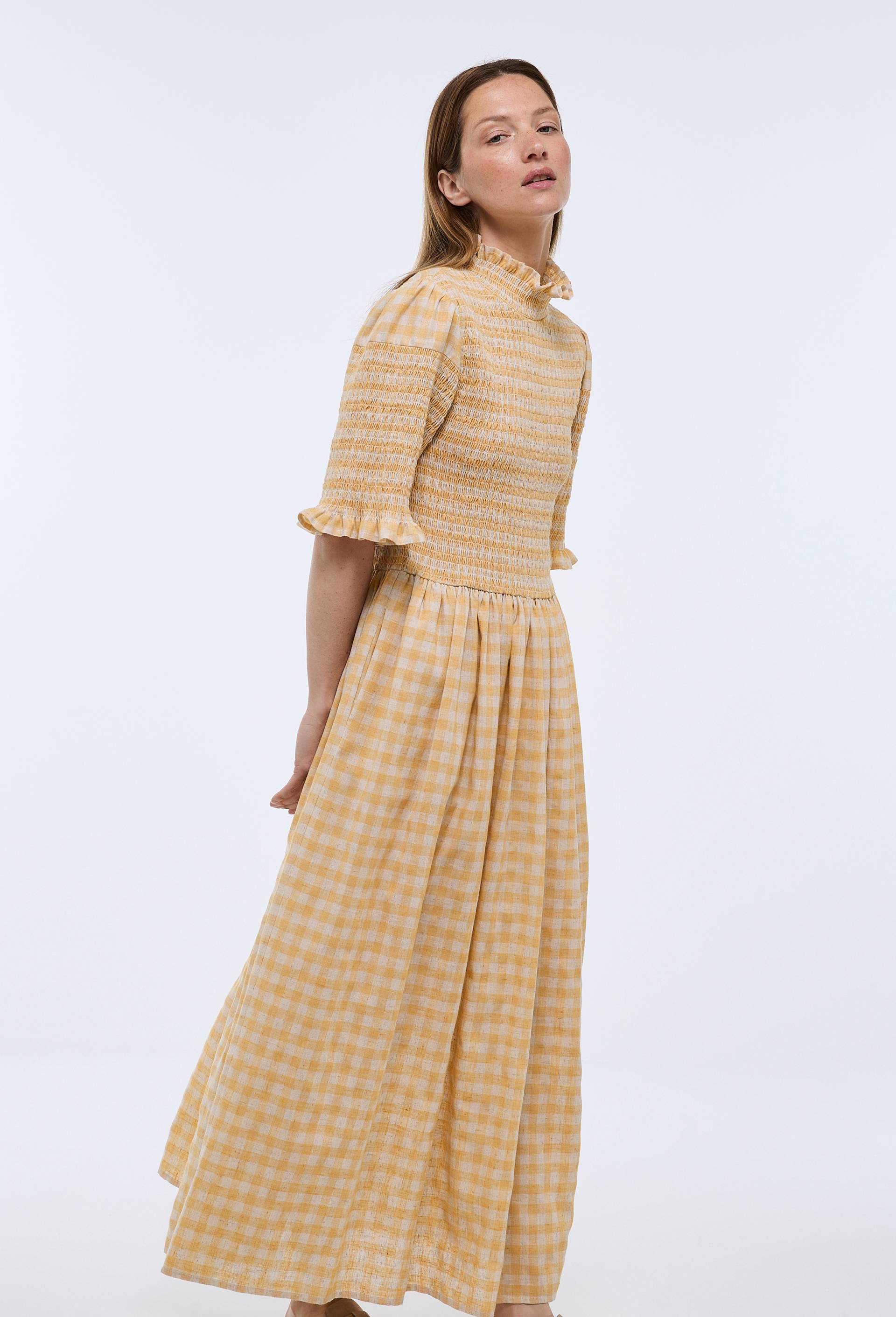 Robe midi imprim&eacute;e vichy, Jaune, large image number 1
