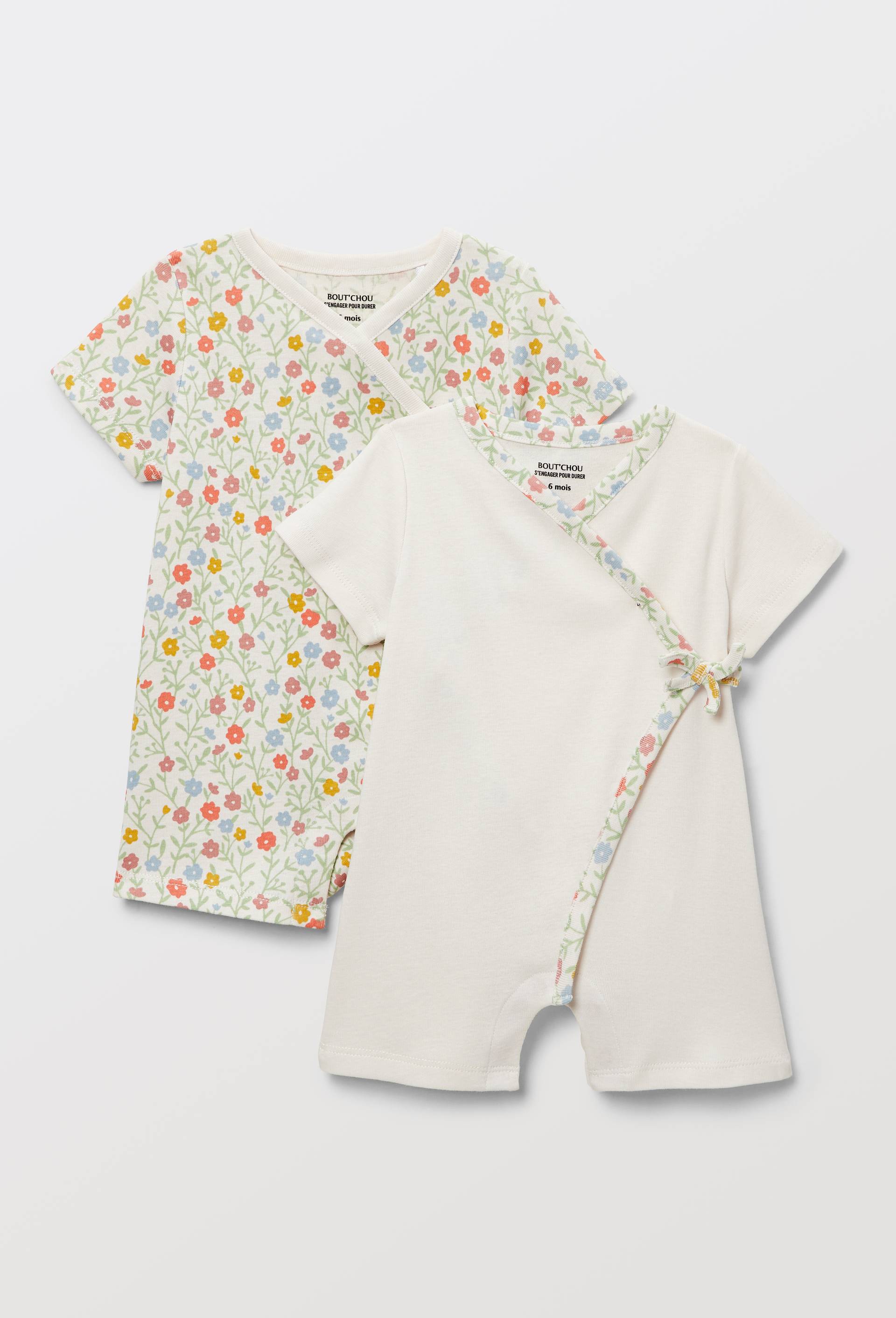 Lot de 2 combinaisons courtes imprim&eacute;es en coton BIO GOTS, Beige clair, large image number 0