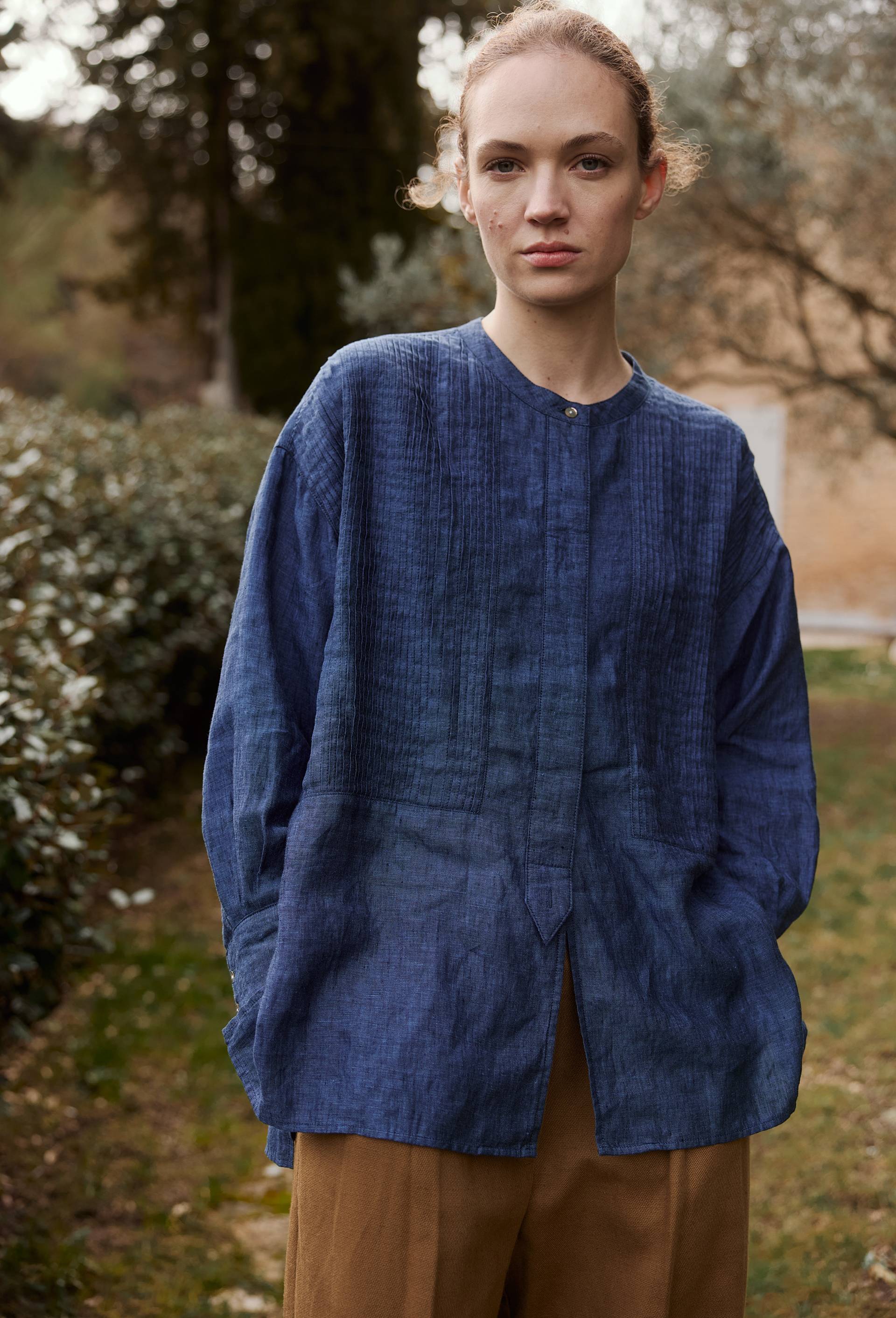 Blouse manches longues en lin, Bleu fonc&eacute;, large image number 0.0