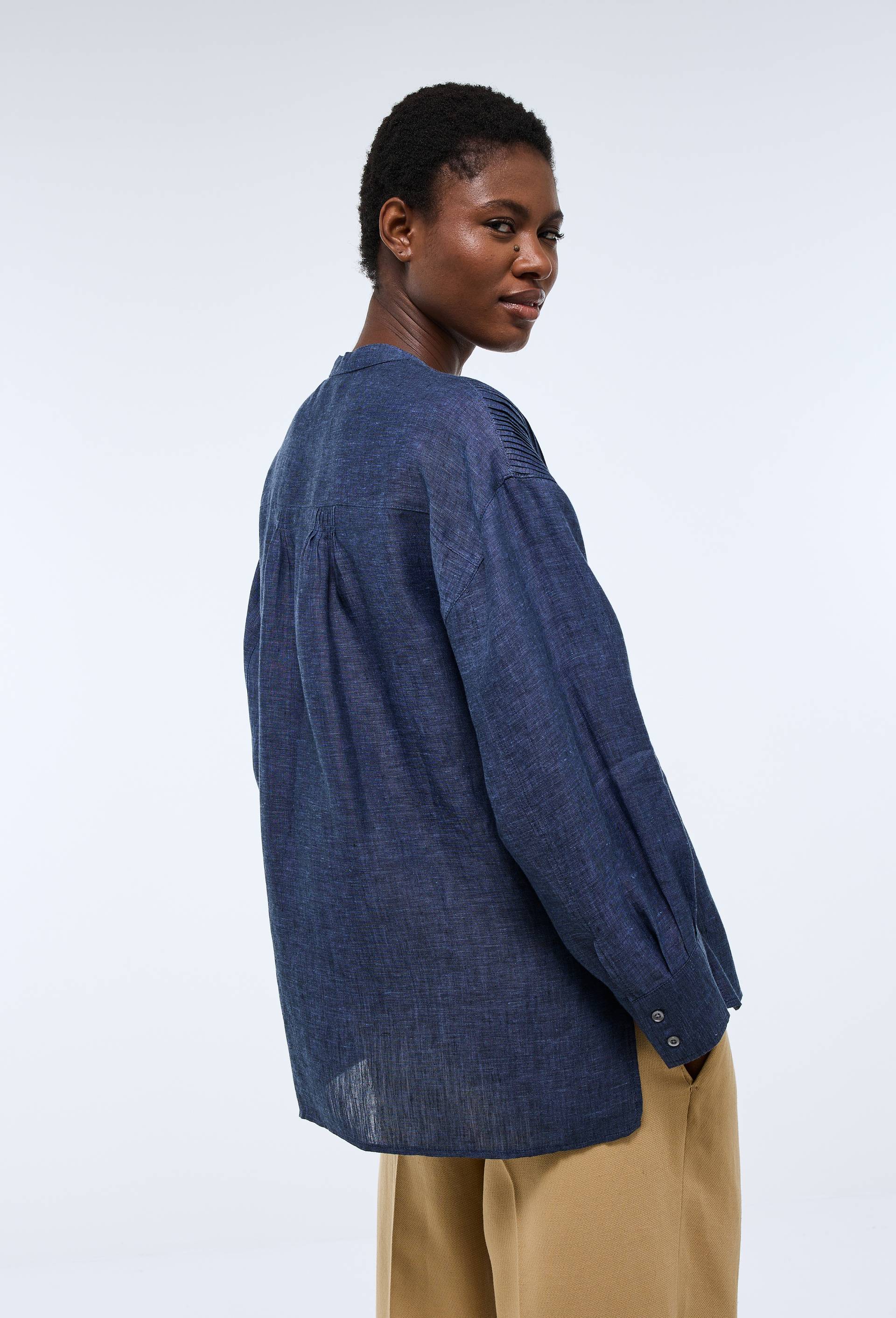 Blouse manches longues en lin, Bleu fonc&eacute;, large image number 3.0