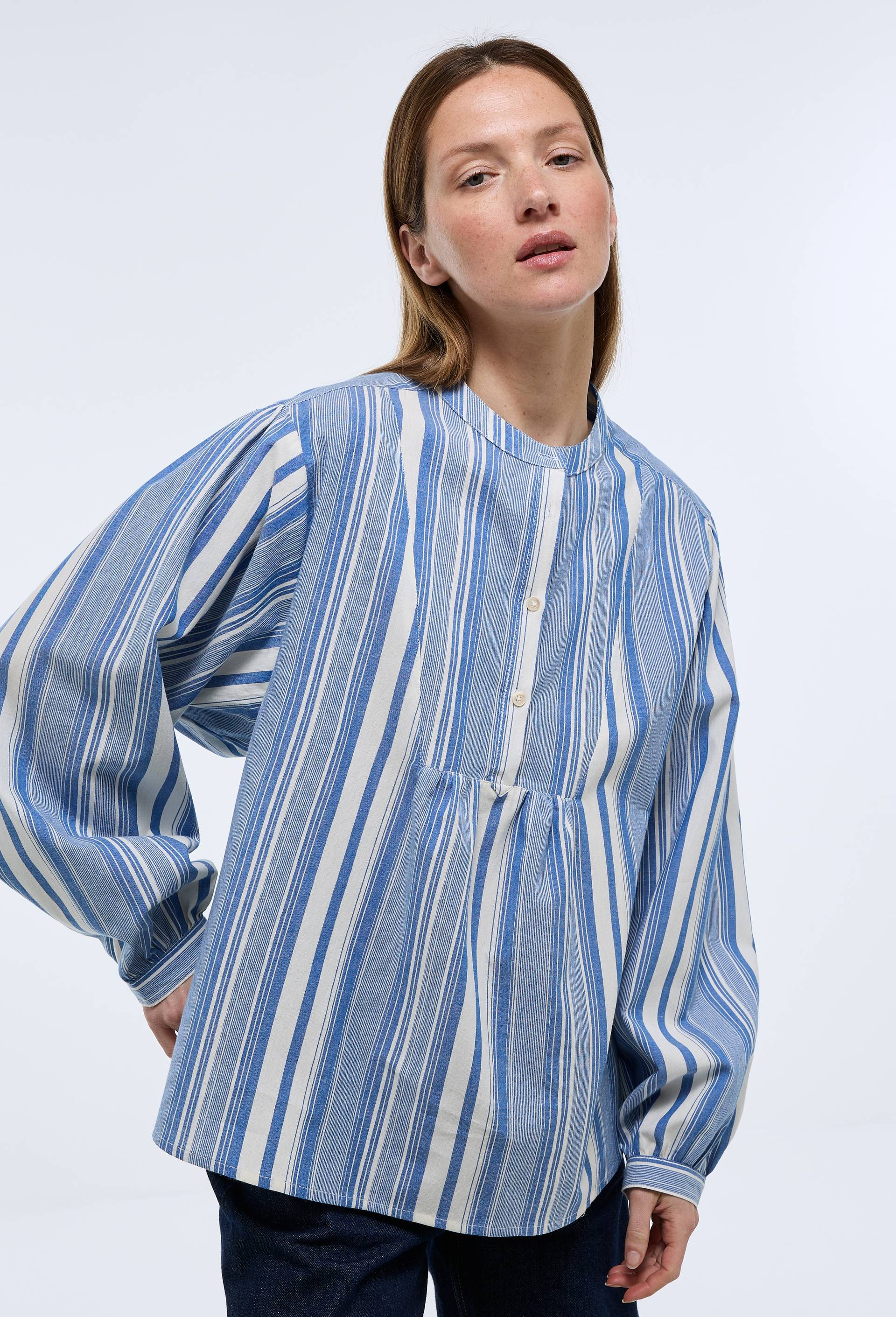 Chemise manches longues ray&eacute;e en coton BIO GOTS, Bleu fonc&eacute;, large image number 0