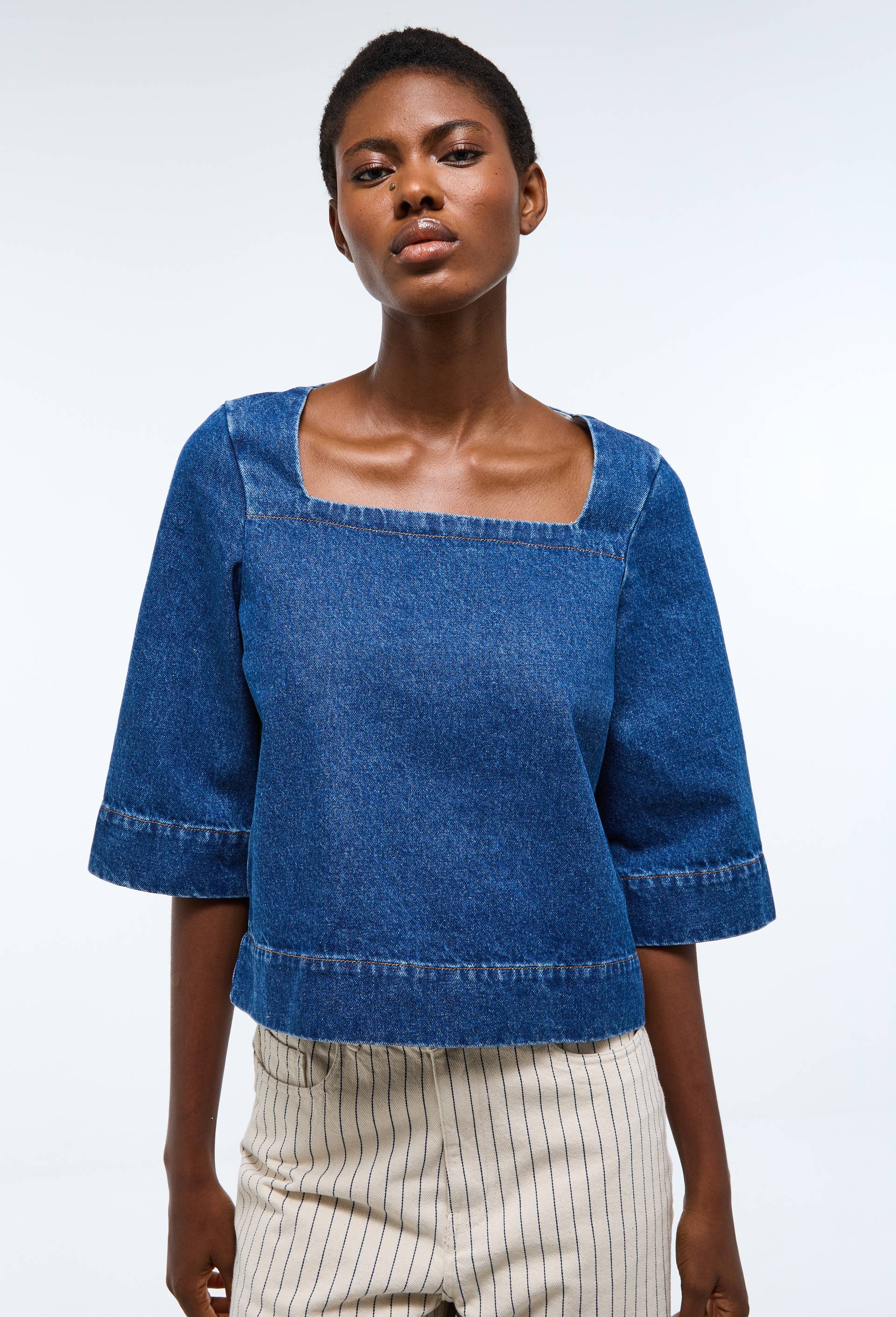 Top unie jean en coton, Bleu fonc&eacute;, large image number 0