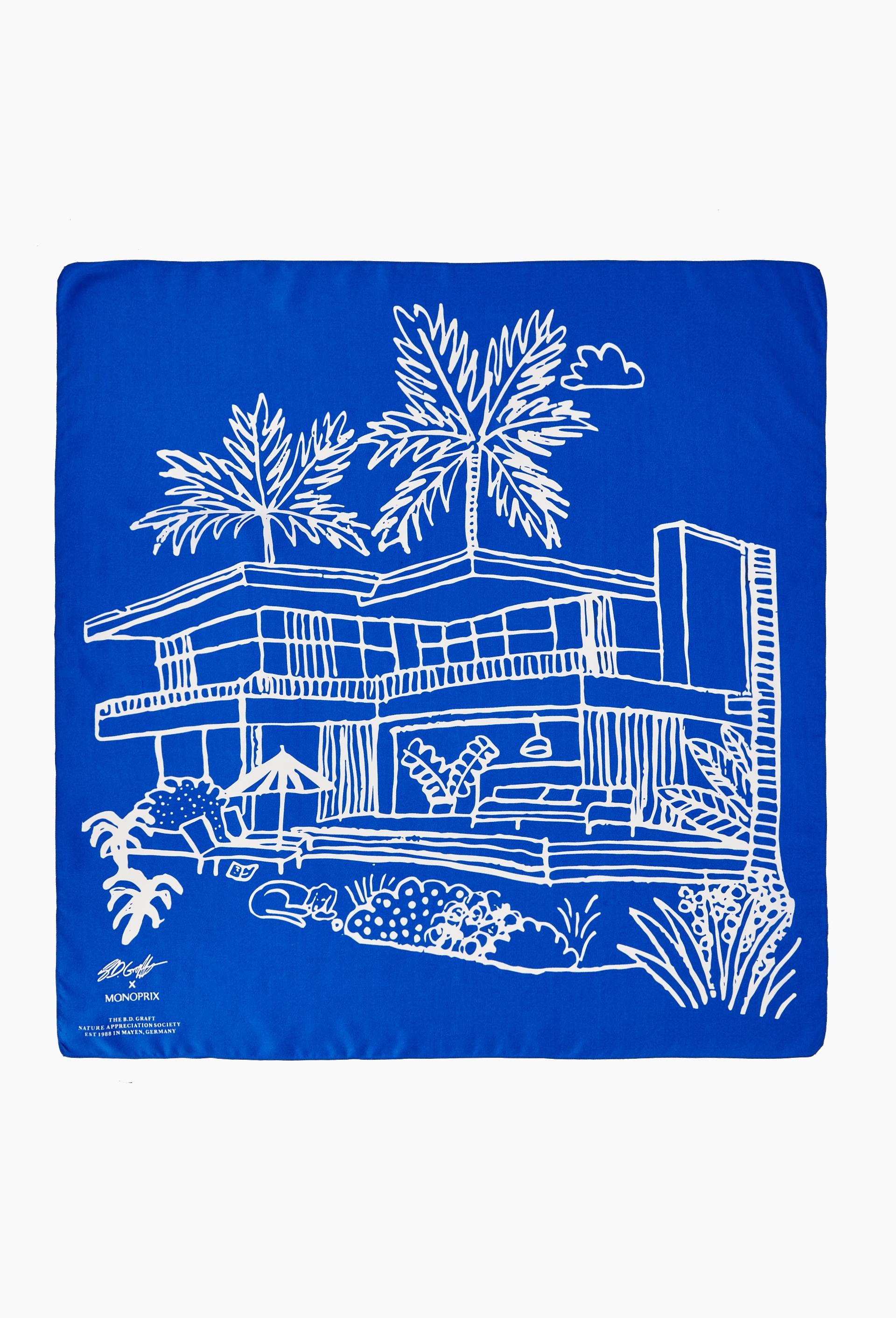 Foulard, 90x90cm, en soie - BD GRAFT x MONOPRIX, Bleu fonc&eacute;, large image number 0.0