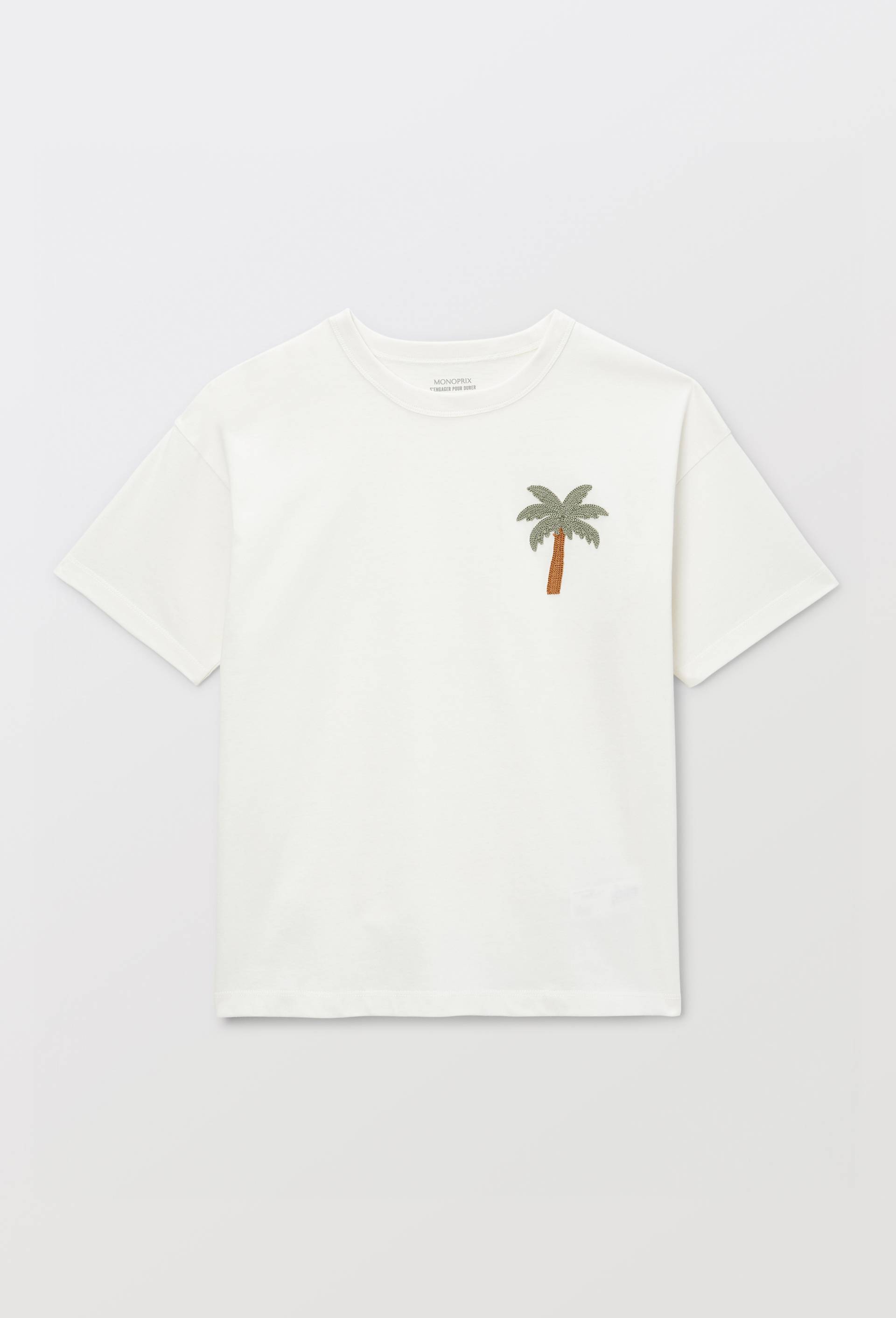 T-shirt manches courtes brod&eacute; en coton BIO GOTS, Beige clair, large image number 1