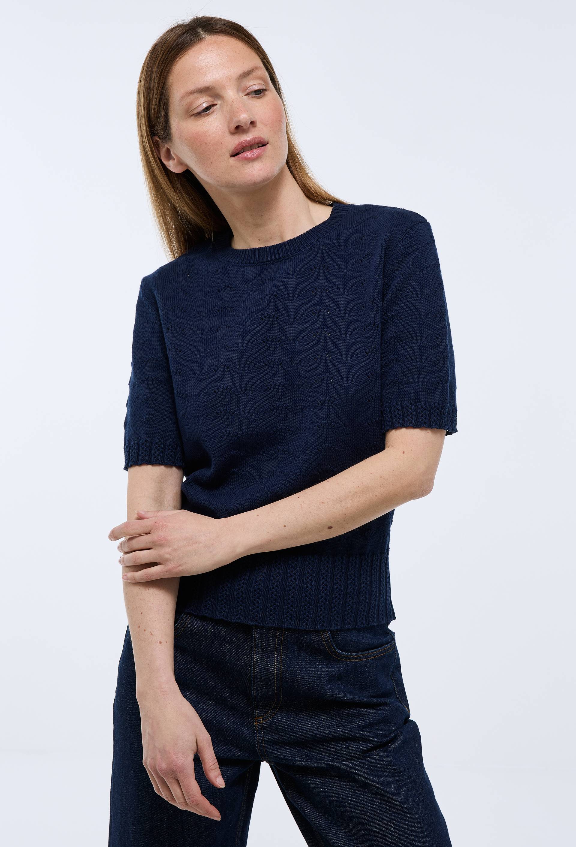 Pull manche courte ajour&eacute;, Bleu fonc&eacute;, swatch image