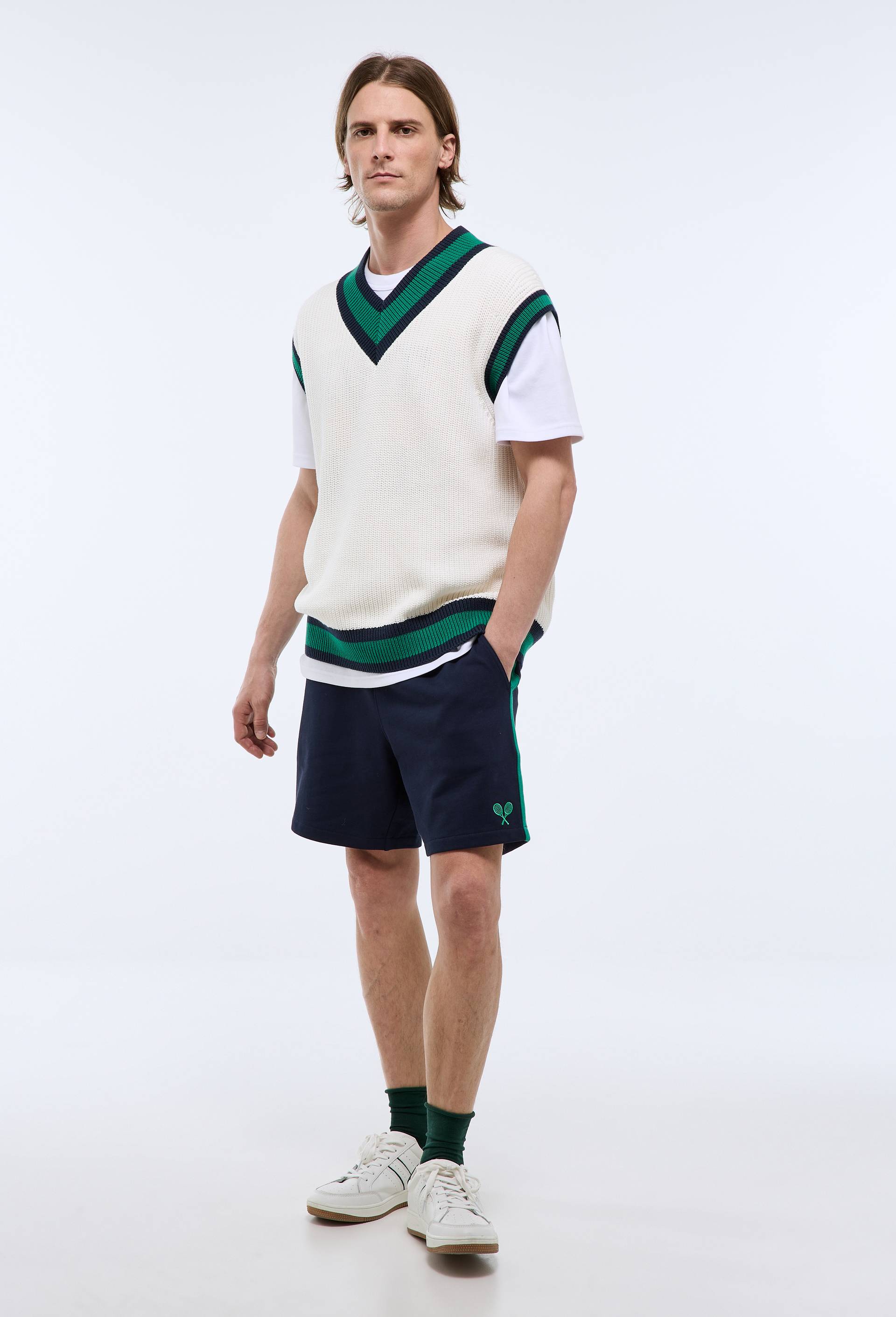Short de tennis uni molleton en coton BIO GOTS, Bleu fonc&eacute;, large image number 1