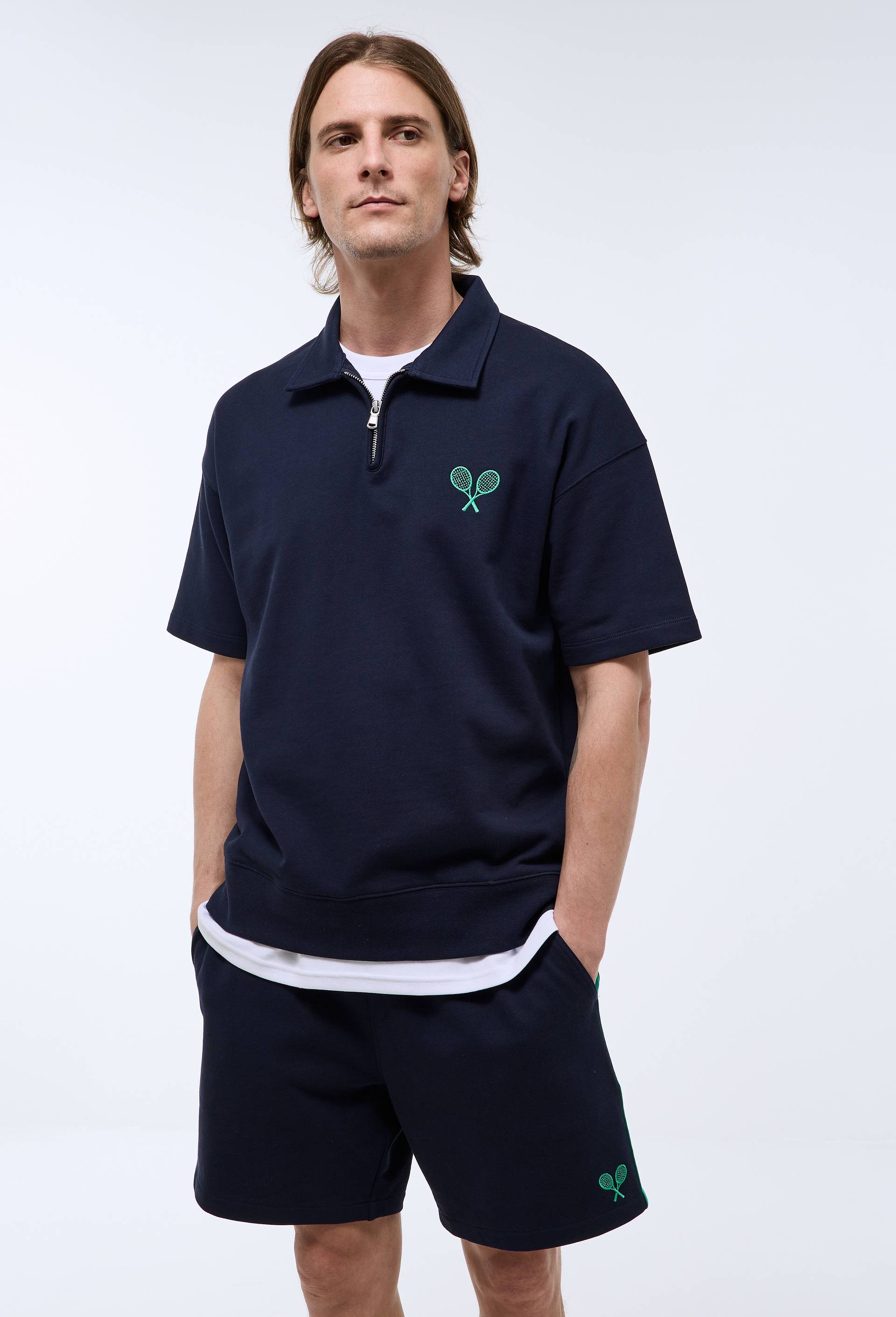 Sweat col polo zipp&eacute; manches courtes en coton BIO GOTS, Bleu fonc&eacute;, large image number 0