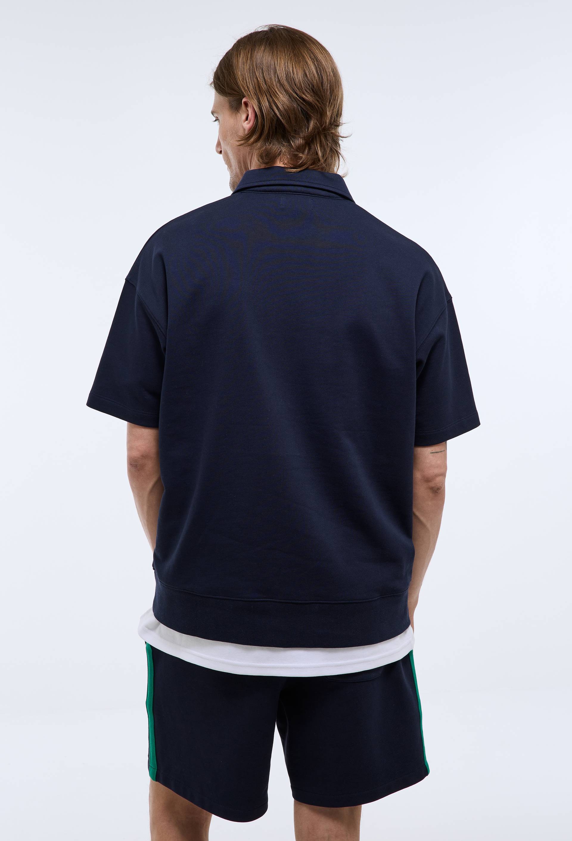 Sweat col polo zipp&eacute; manches courtes en coton BIO GOTS, Bleu fonc&eacute;, large image number 1.0