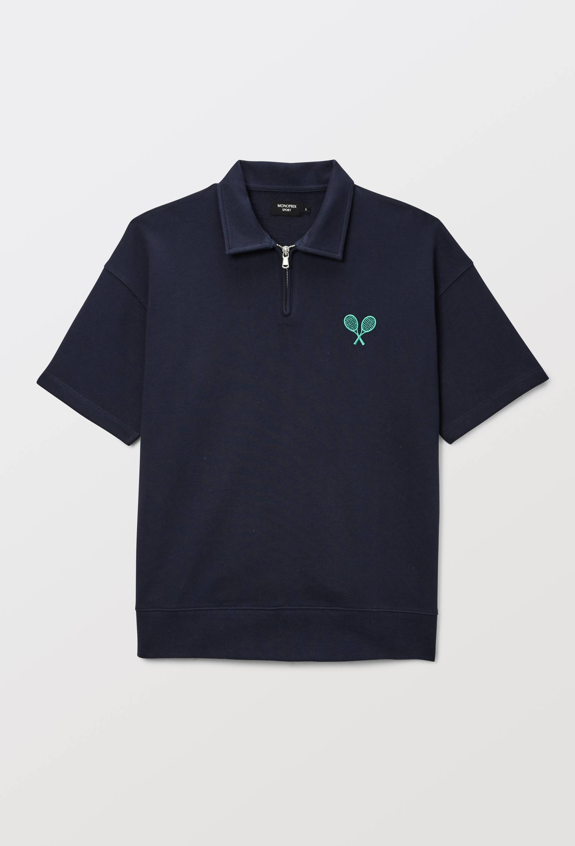Sweat col polo zipp&eacute; manches courtes en coton BIO GOTS, Bleu fonc&eacute;, large image number 2