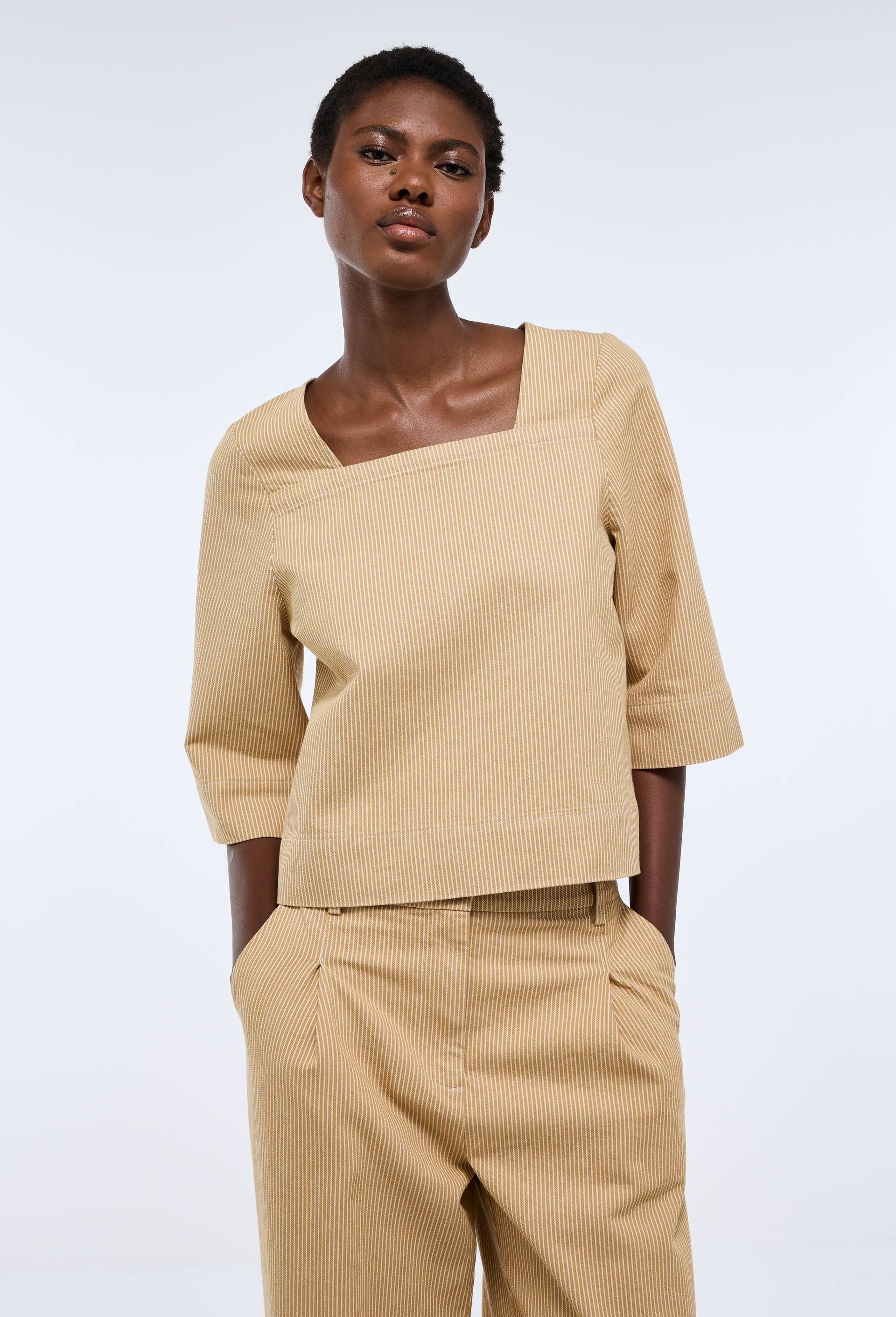 Top manches trois quarts ray&eacute; en coton BIO GOTS, Beige, large image number 0.0