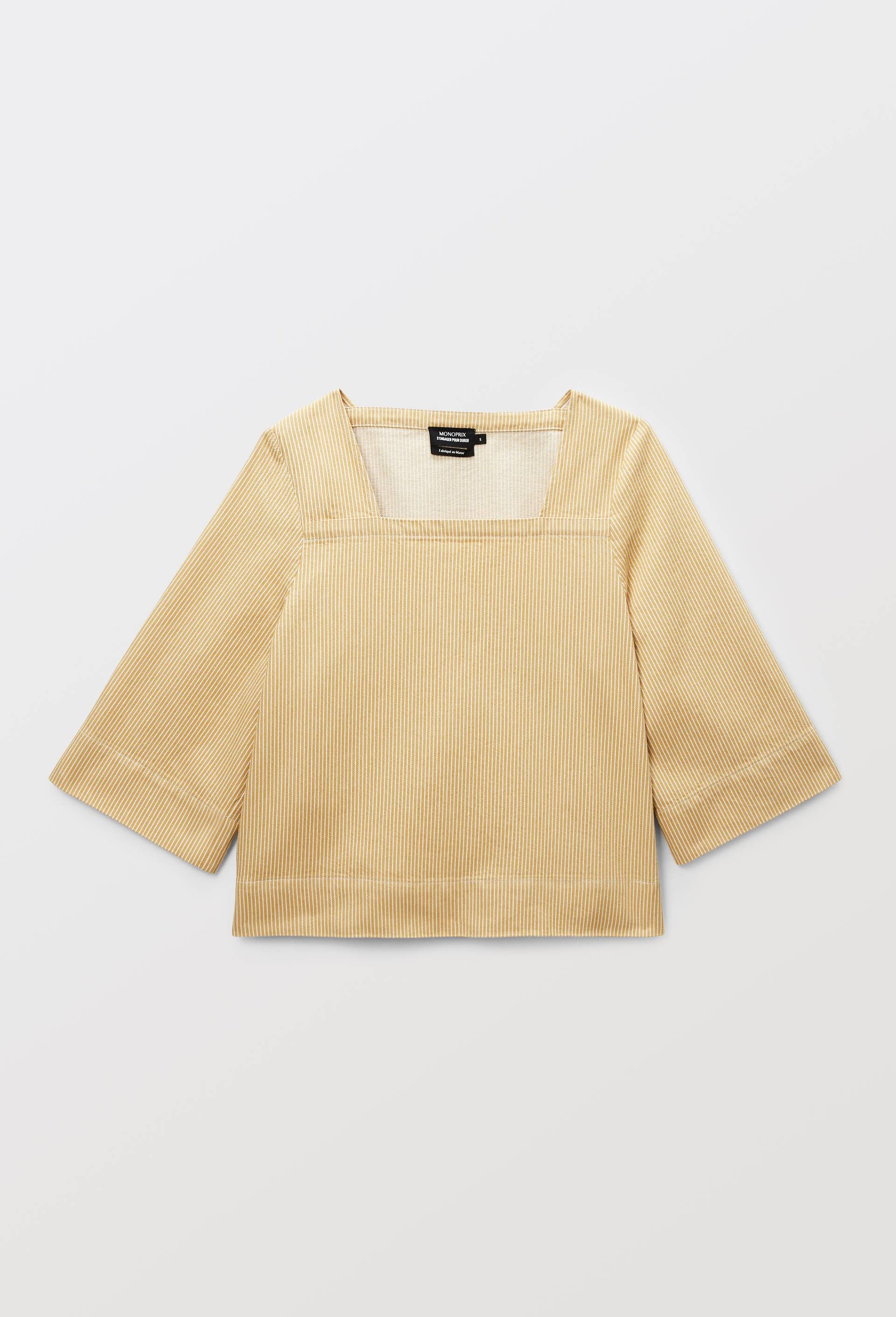 Top manches trois quarts ray&eacute; en coton BIO GOTS, Beige, large image number 2.0