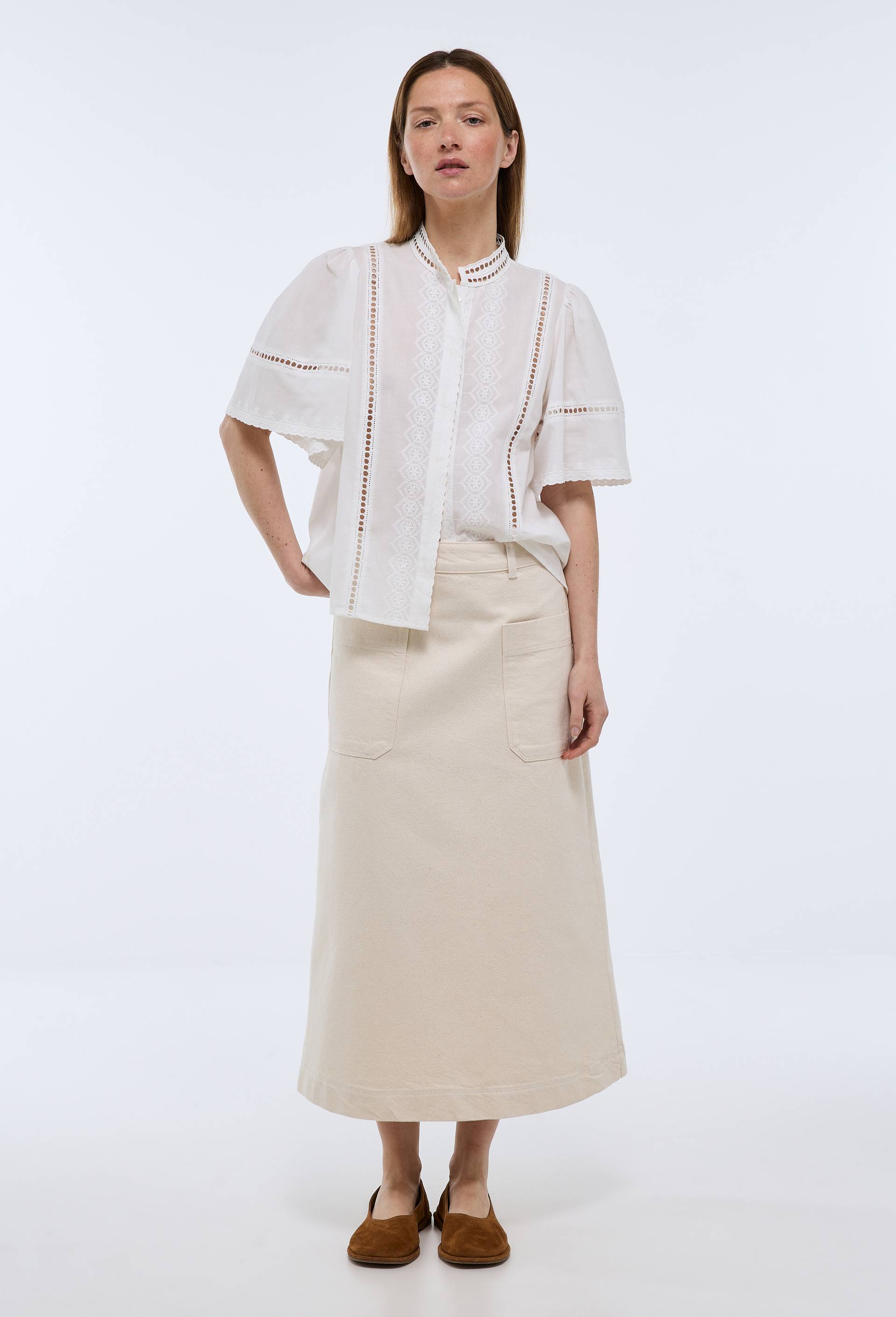 Jupe midi denim en coton, Ecru, large image number 0