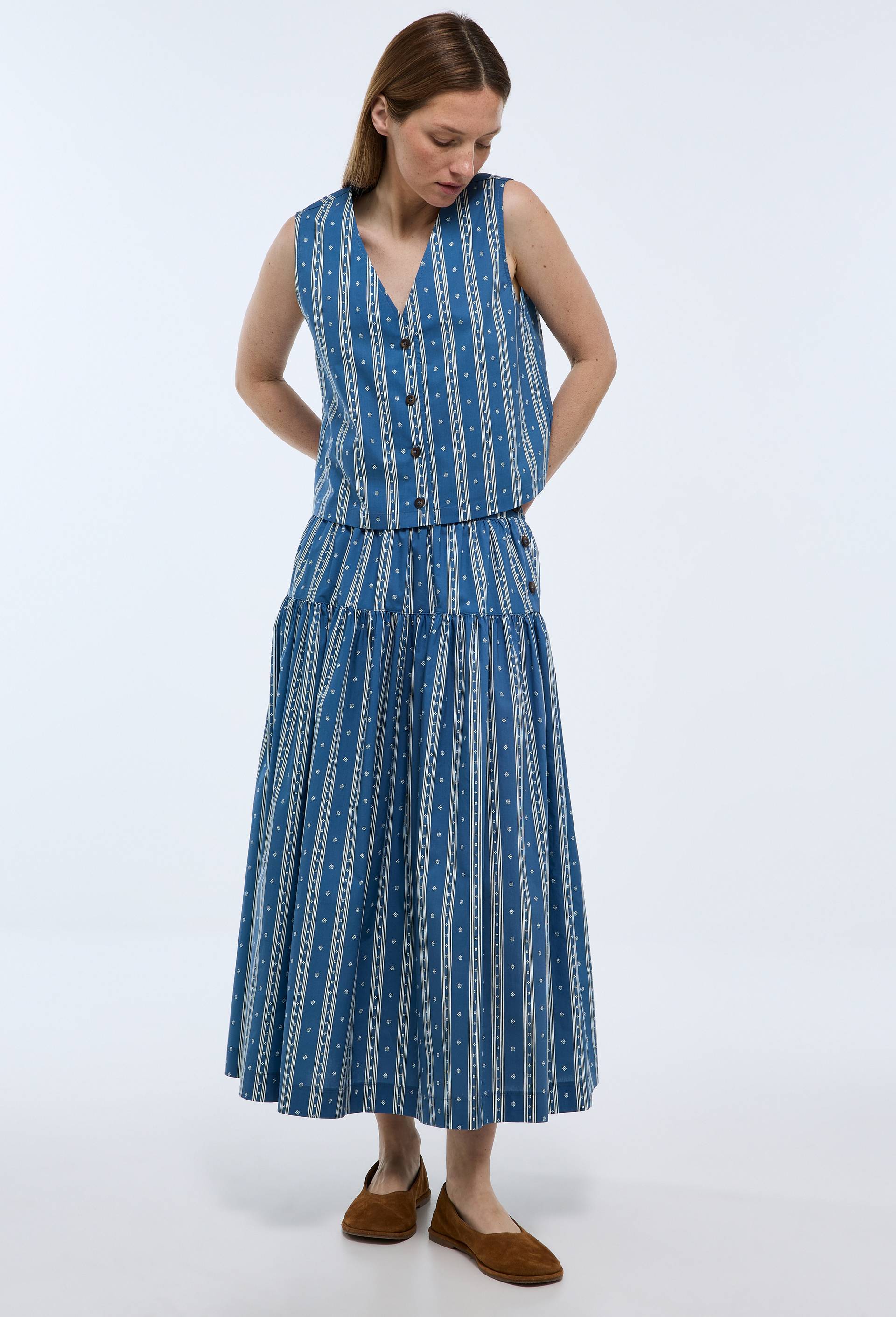 Jupe midi imprim&eacute;e en coton, Bleu, large image number 0