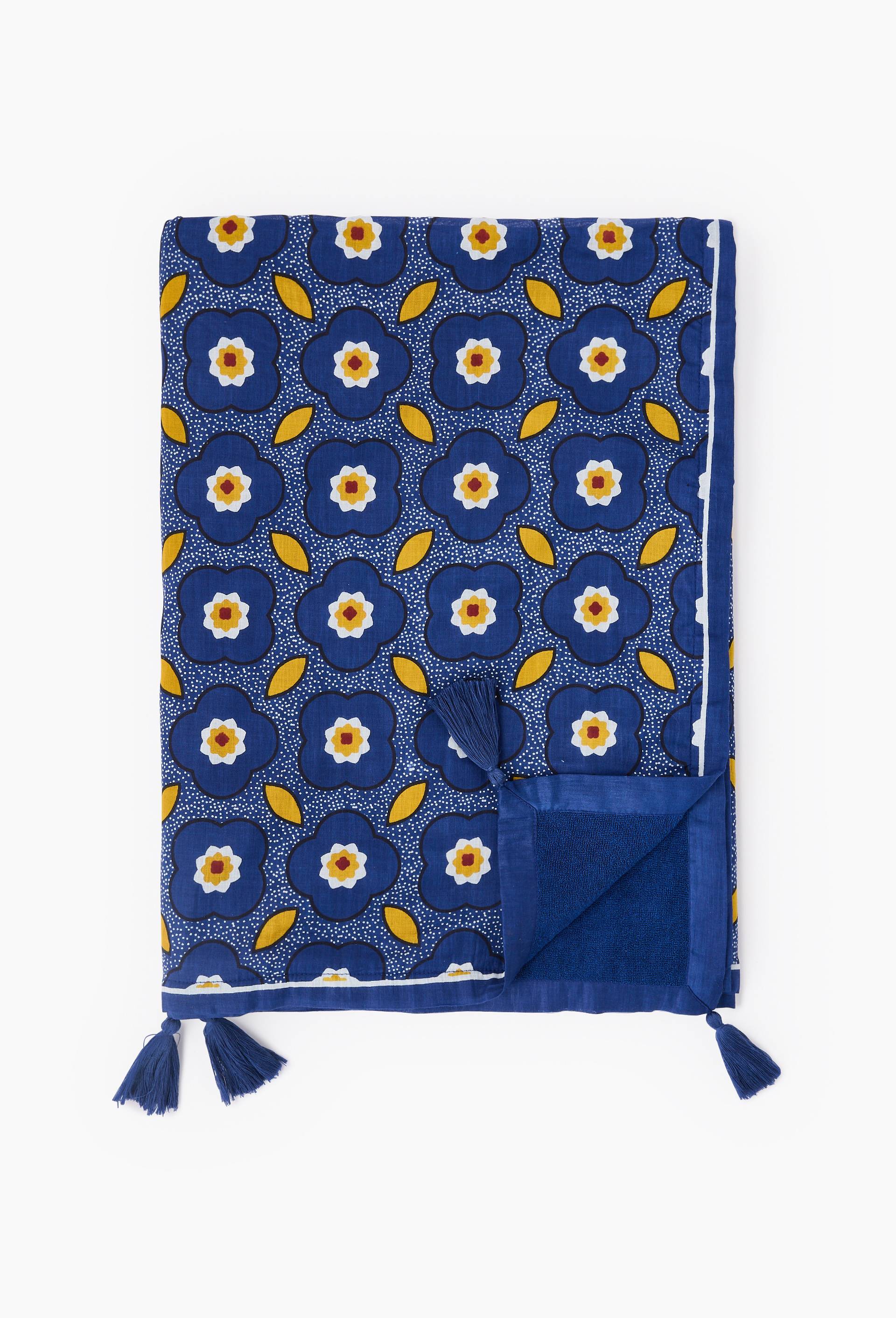 Fouta doubl&eacute;e imprim&eacute;, 100x180cm. Ext&eacute;rieur en coton issu de l'agriculture biologique et doublure en &eacute;ponge, Bleu, large image number 0