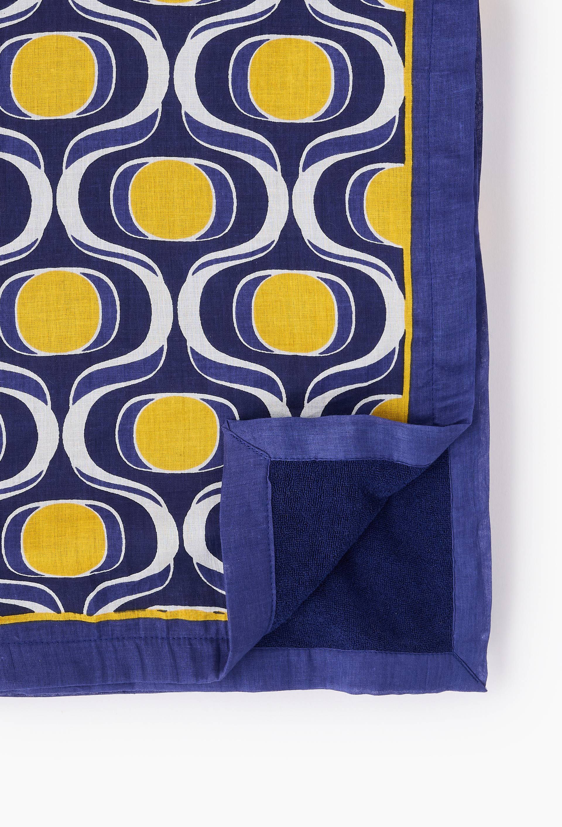 Fouta doubl&eacute;e imprim&eacute;, 100x180cm. Ext&eacute;rieur en coton issu de l'agriculture biologique et doublure en &eacute;ponge, Bleu, large image number 1.0