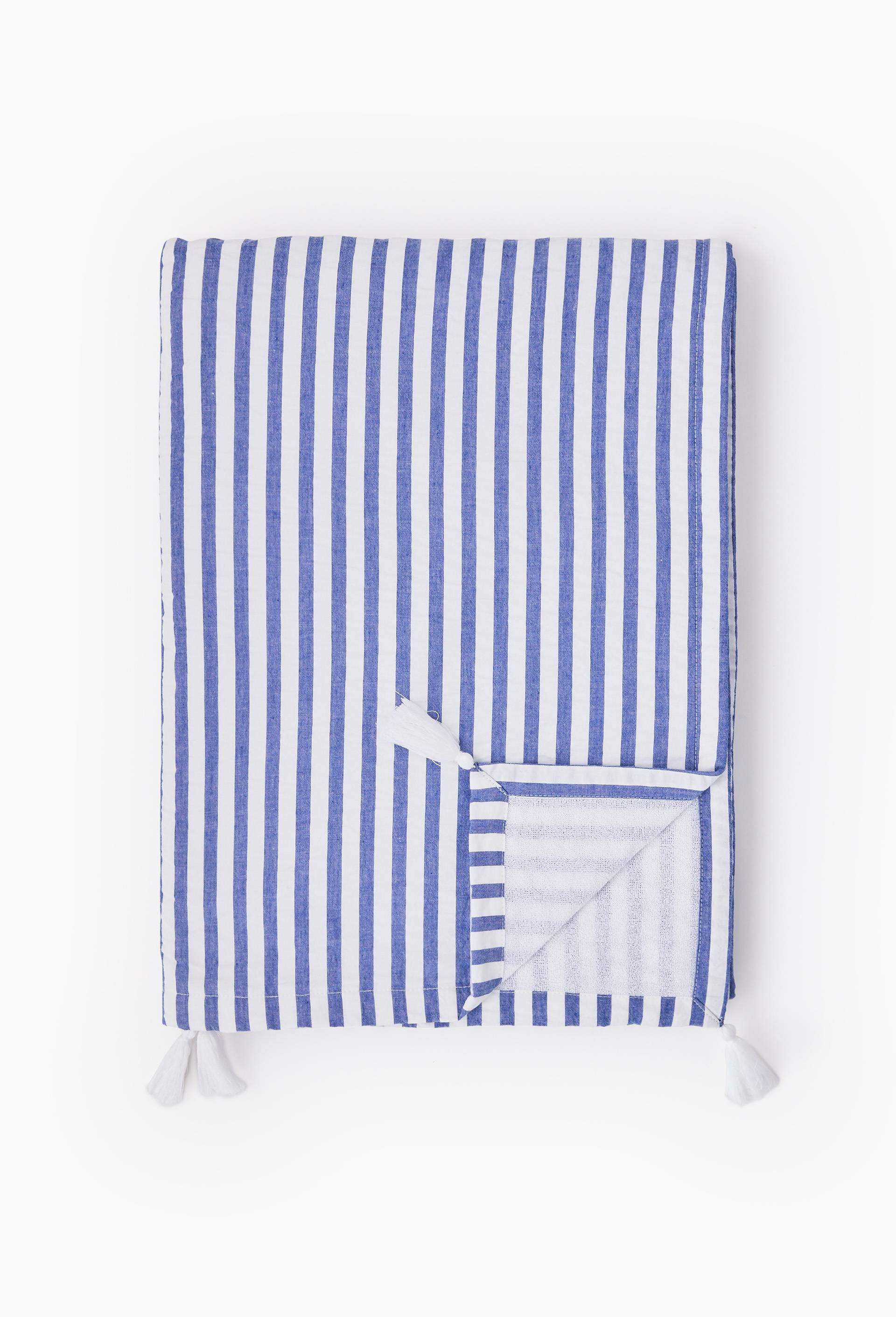 Fouta doubl&eacute;e imprim&eacute;, 100x180cm. Ext&eacute;rieur en coton issu de l'agriculture biologique, doublure en &eacute;ponge, Bleu, large image number 0