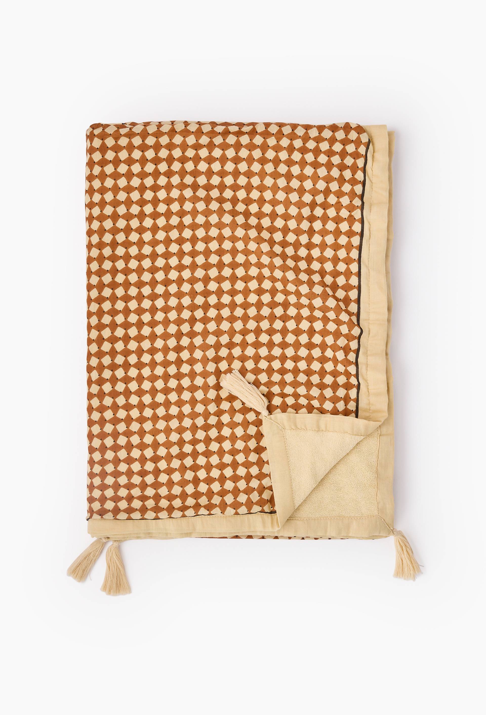 Fouta doubl&eacute;e imprim&eacute;, 100x180cm. Ext&eacute;rieur en coton issu de l'agriculture biologique, doublure en &eacute;ponge, Bleu, large image number 0