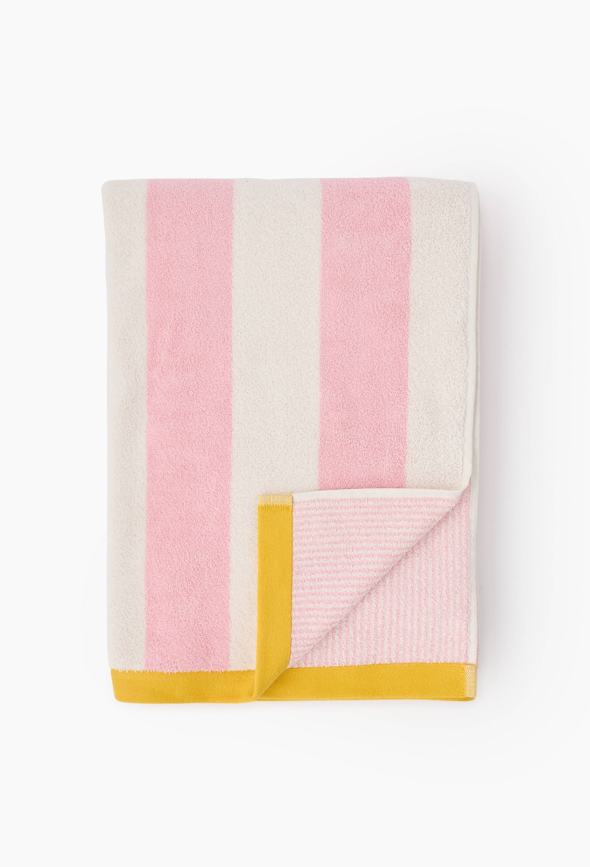 Drap de plage en jacquard ray&eacute;, 100x180cm, 100% coton bio, Rose, large image number 0