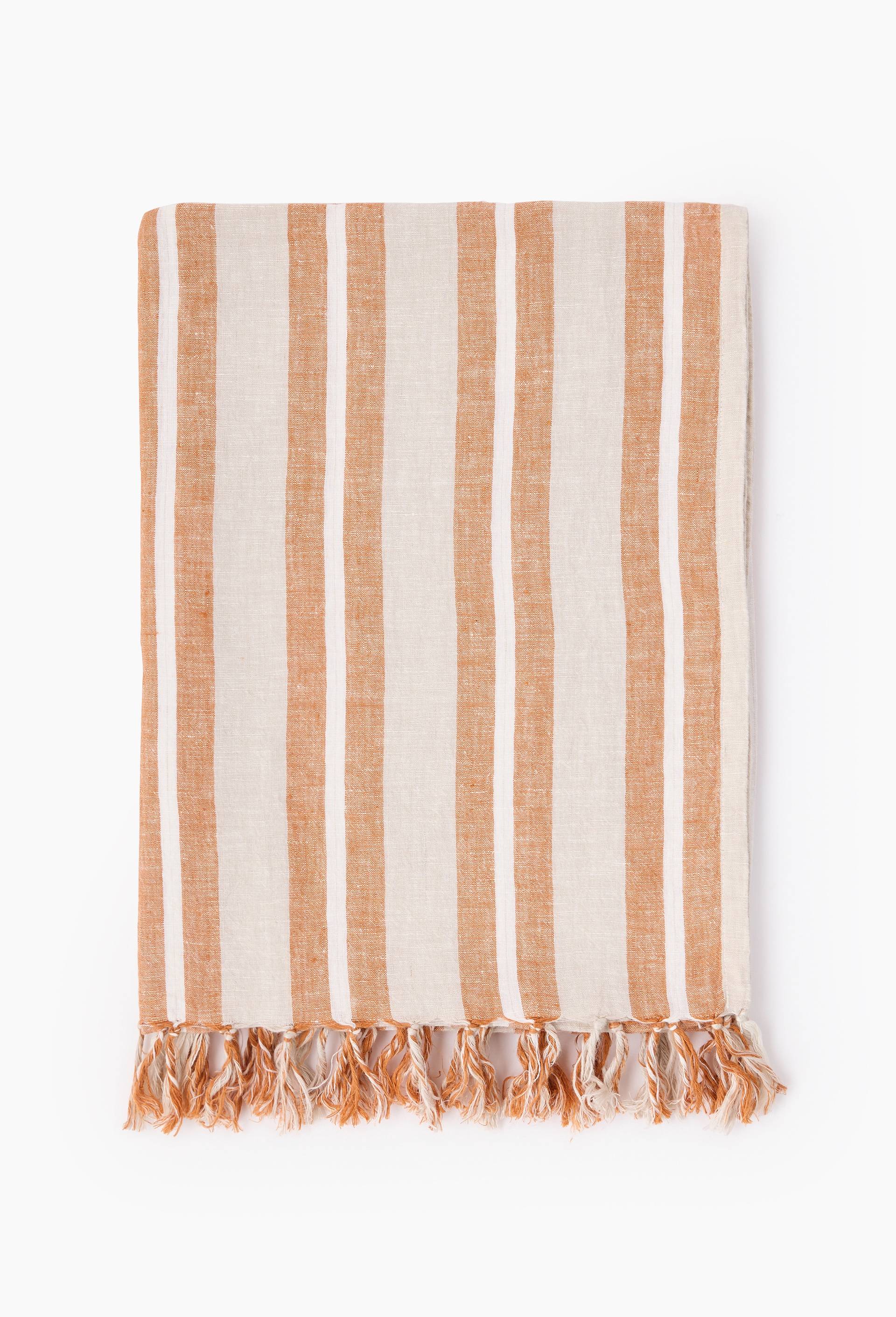 Fouta simple lin rayure chemise, 100x180cm, 100% lin, Brun, large image number 0.0