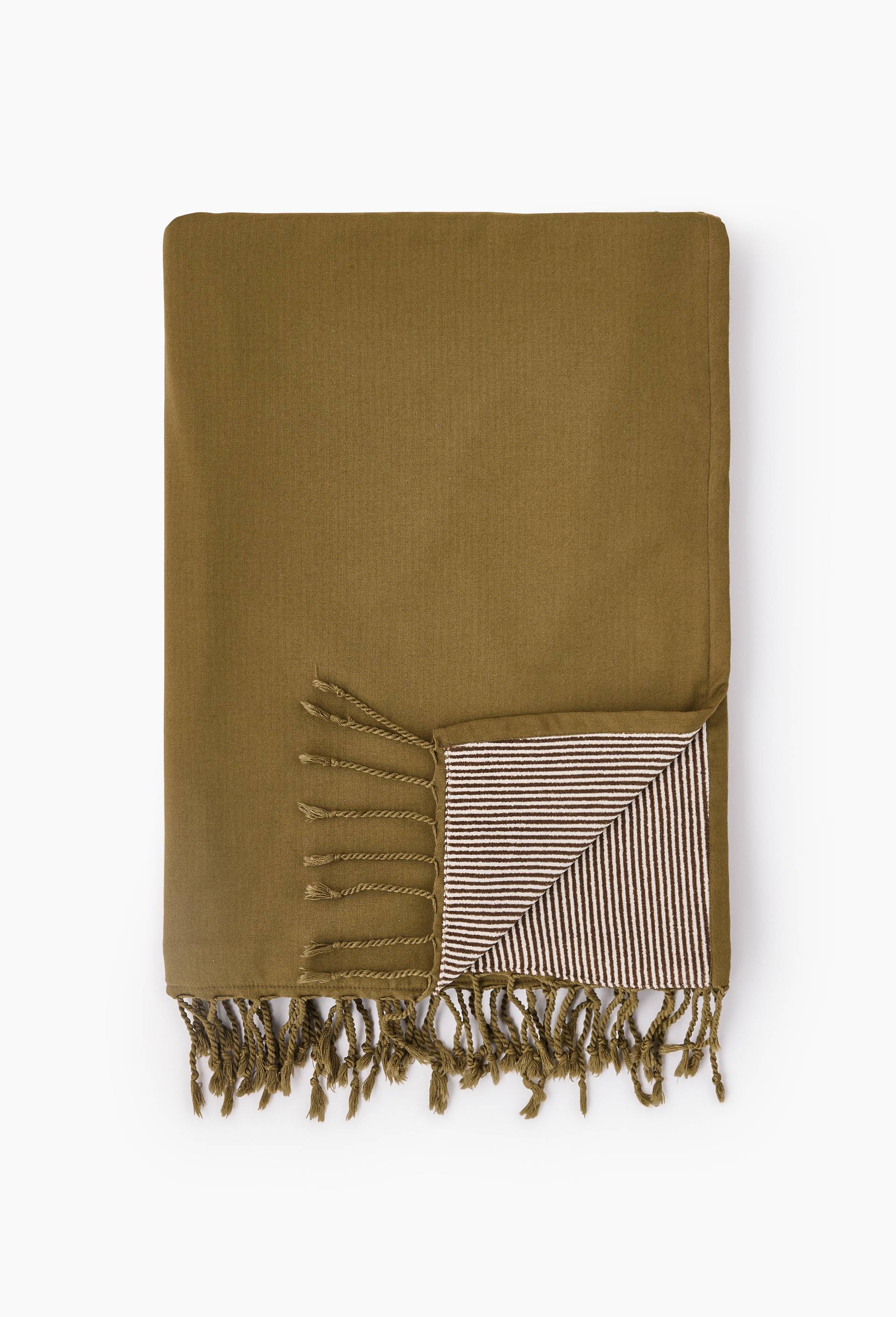 Fouta doubl&eacute;e ray&eacute;e, 100x180cm. Ext&eacute;rieur en coton issu de l'agriculture biologique, Vert fonc&eacute;, large image number 0.0