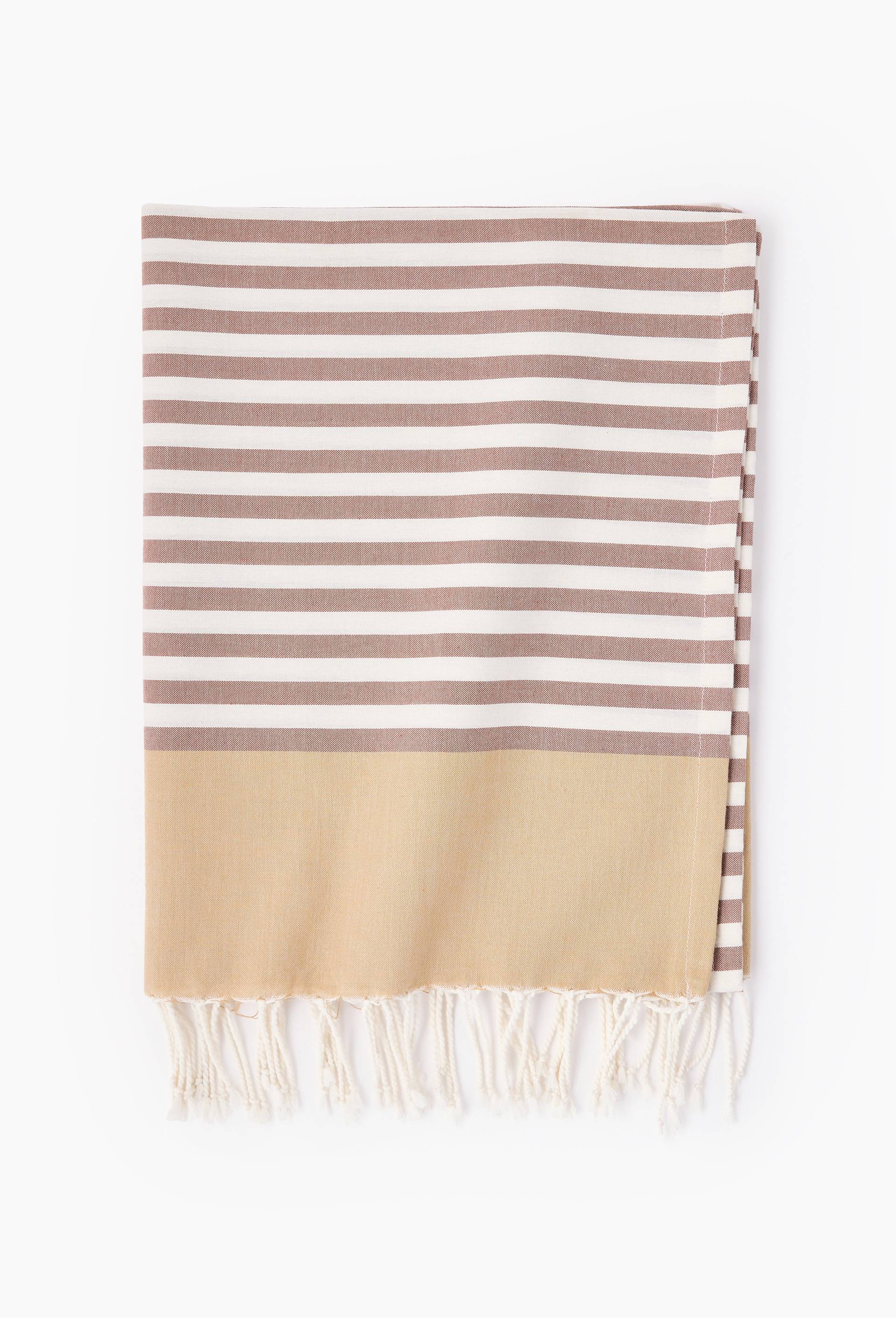 Fouta ray&eacute;e avec franges, 100x180cm, 100% coton bio, Brun, large image number 0.0