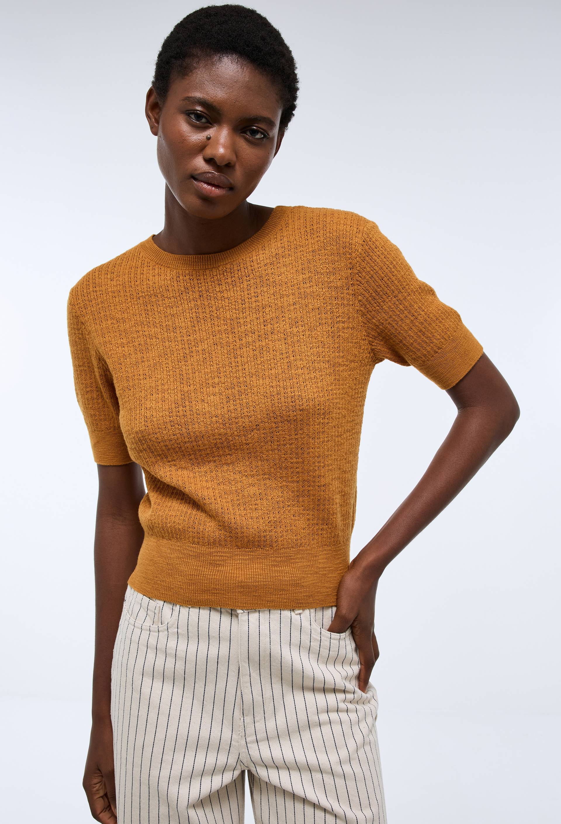 Pull col rond ajour&eacute; en coton BIO, Brun clair, swatch image