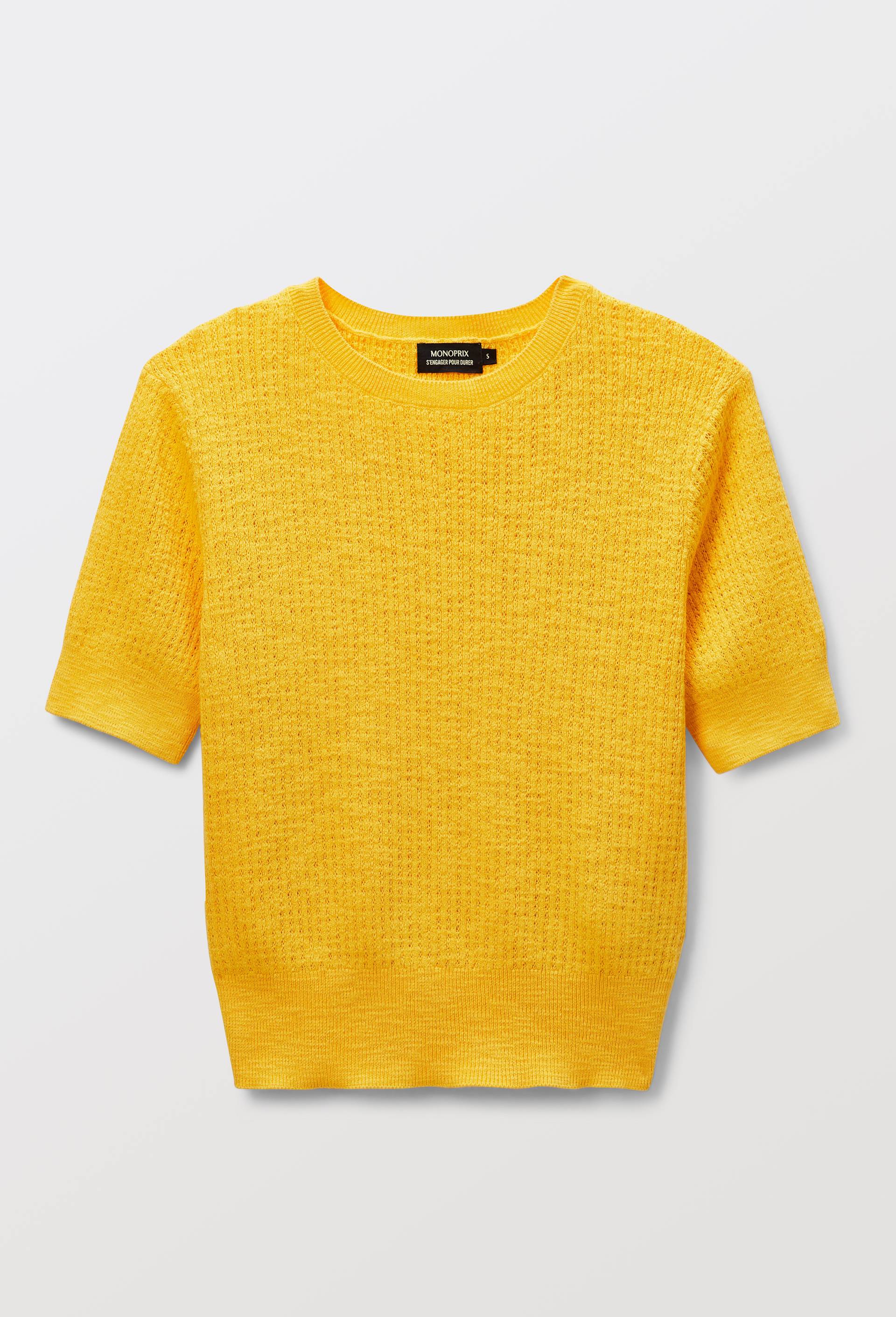 Pull col rond ajour&eacute; en coton BIO, Jaune, large image number 2.0