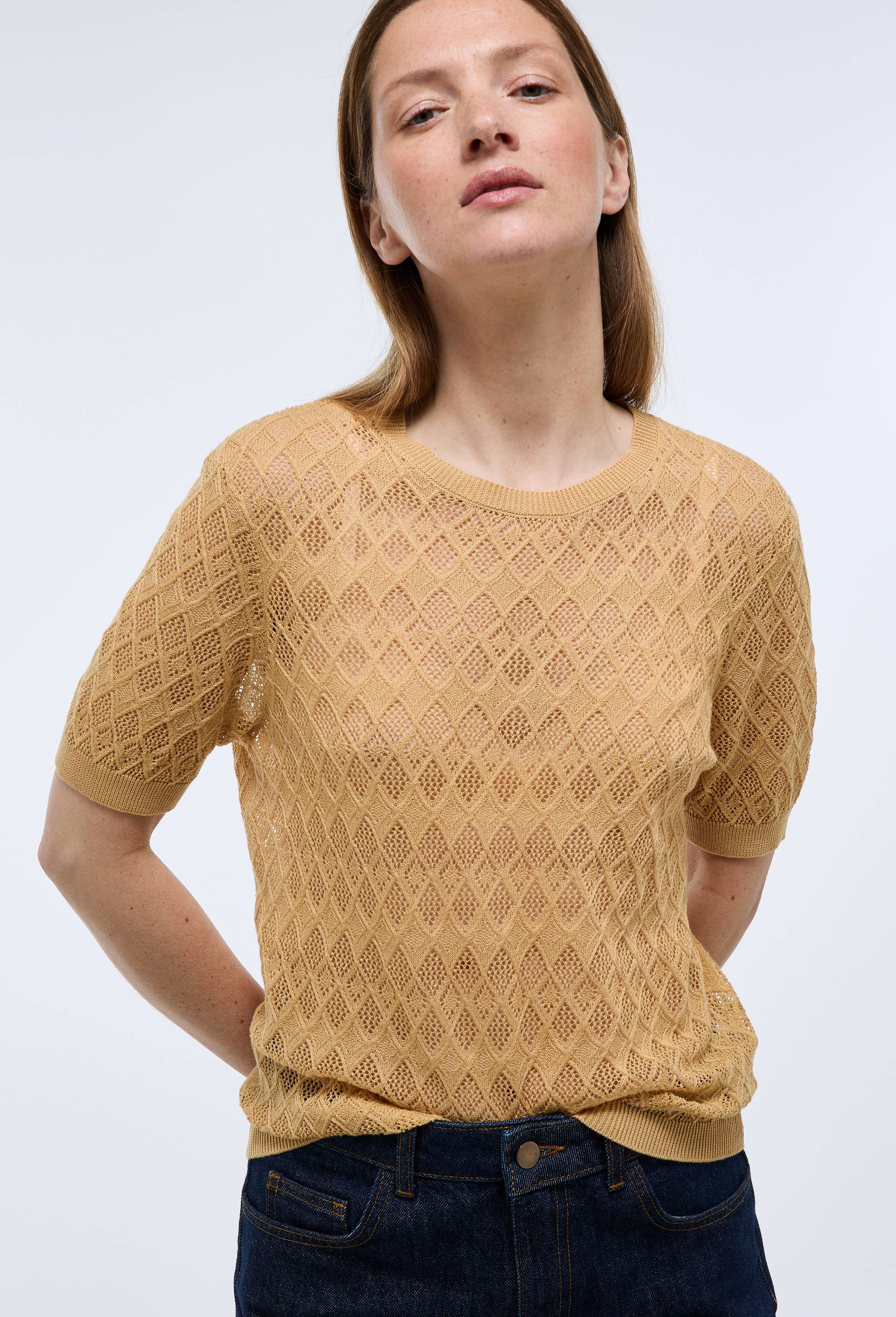 Pull manches courtes d&eacute;tails ajour&eacute;s, Beige, swatch image