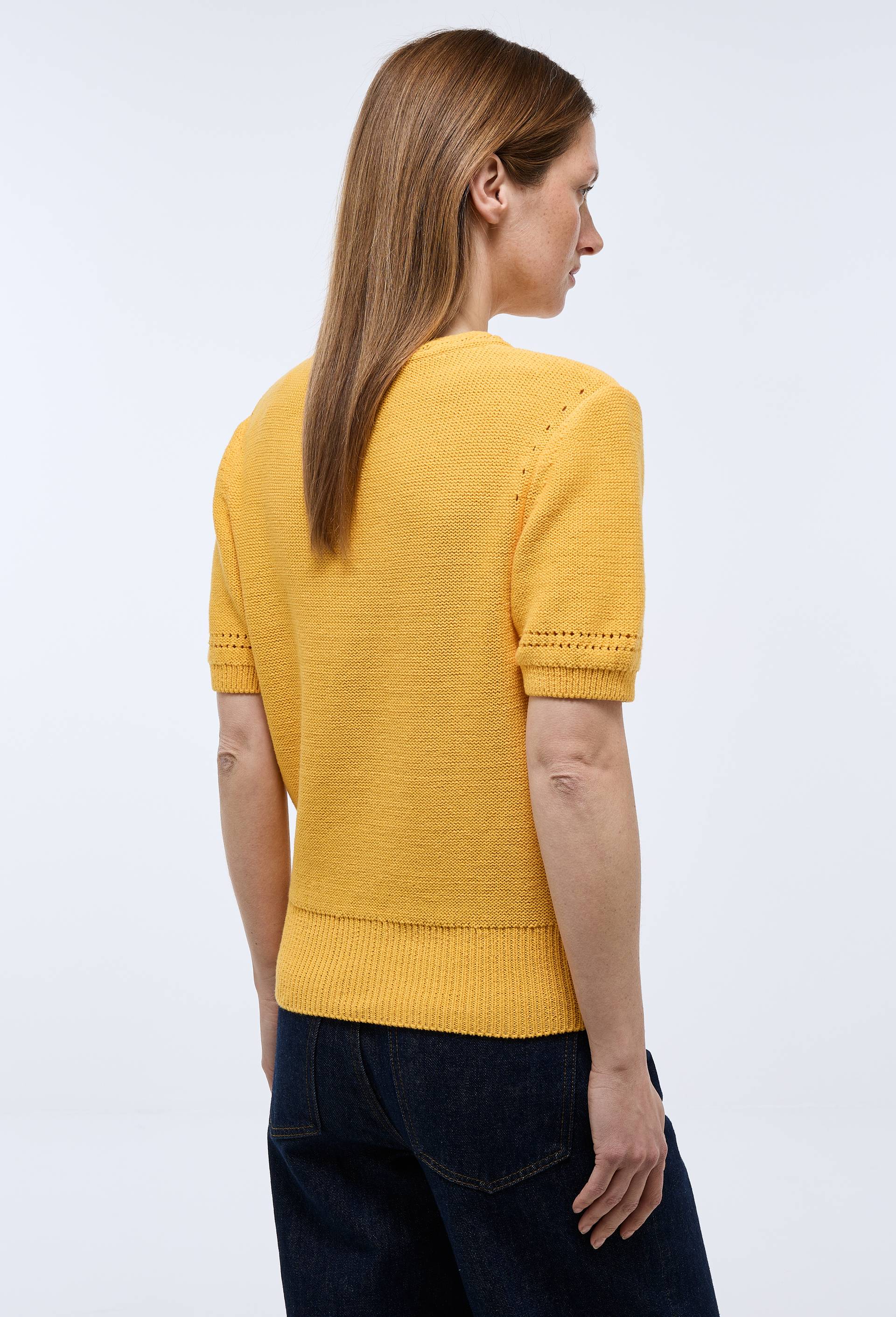 Pull manches courtes ajour&eacute; en coton, Jaune, large image number 1.0