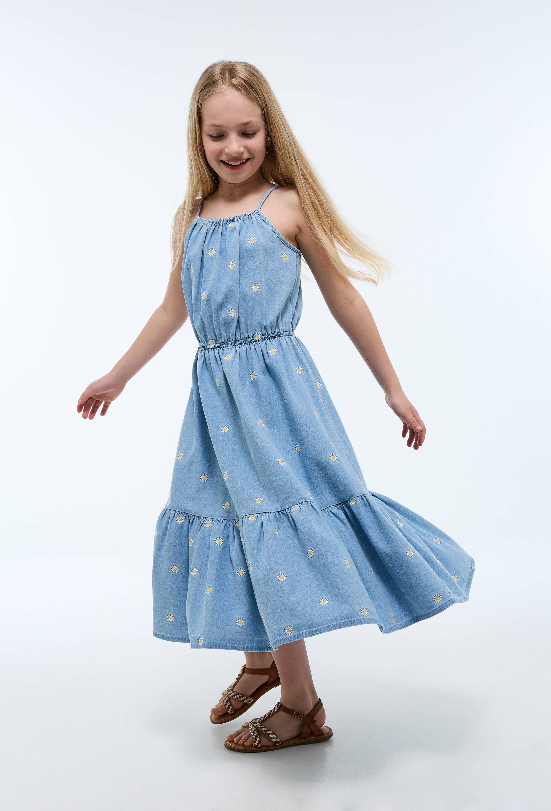 Robe longue &agrave; bretelles imprim&eacute;e en coton, Bleu, large image number 0
