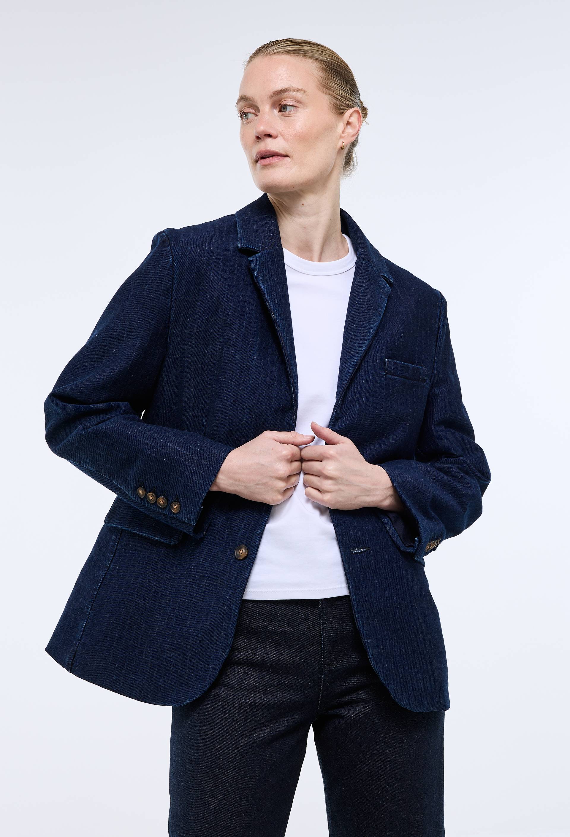 Veste de costume en denim ray&eacute; - ATELIER DENIM, Bleu fonc&eacute;, large image number 2