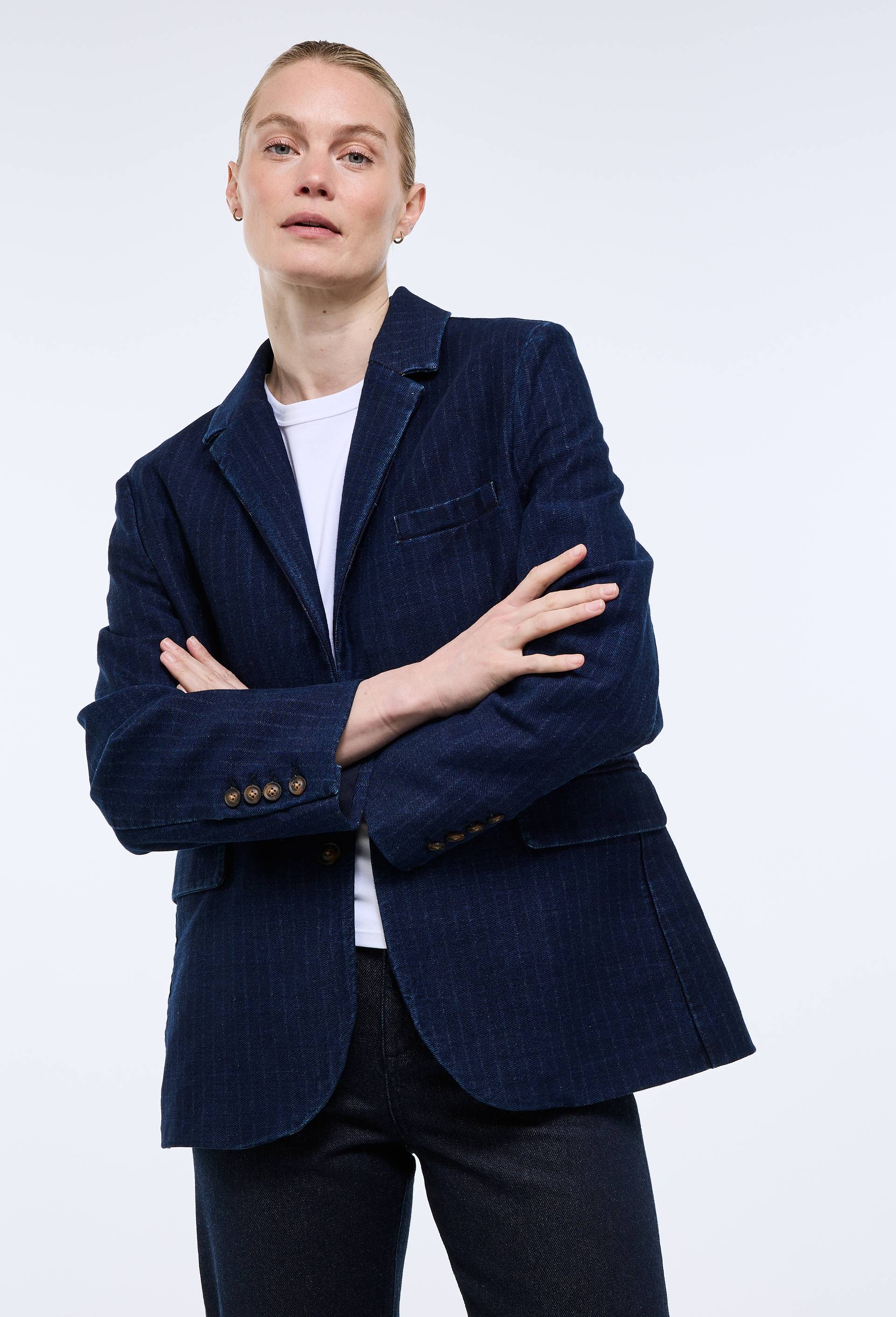 Veste de costume en denim ray&eacute; - ATELIER DENIM, Bleu fonc&eacute;, large image number 3
