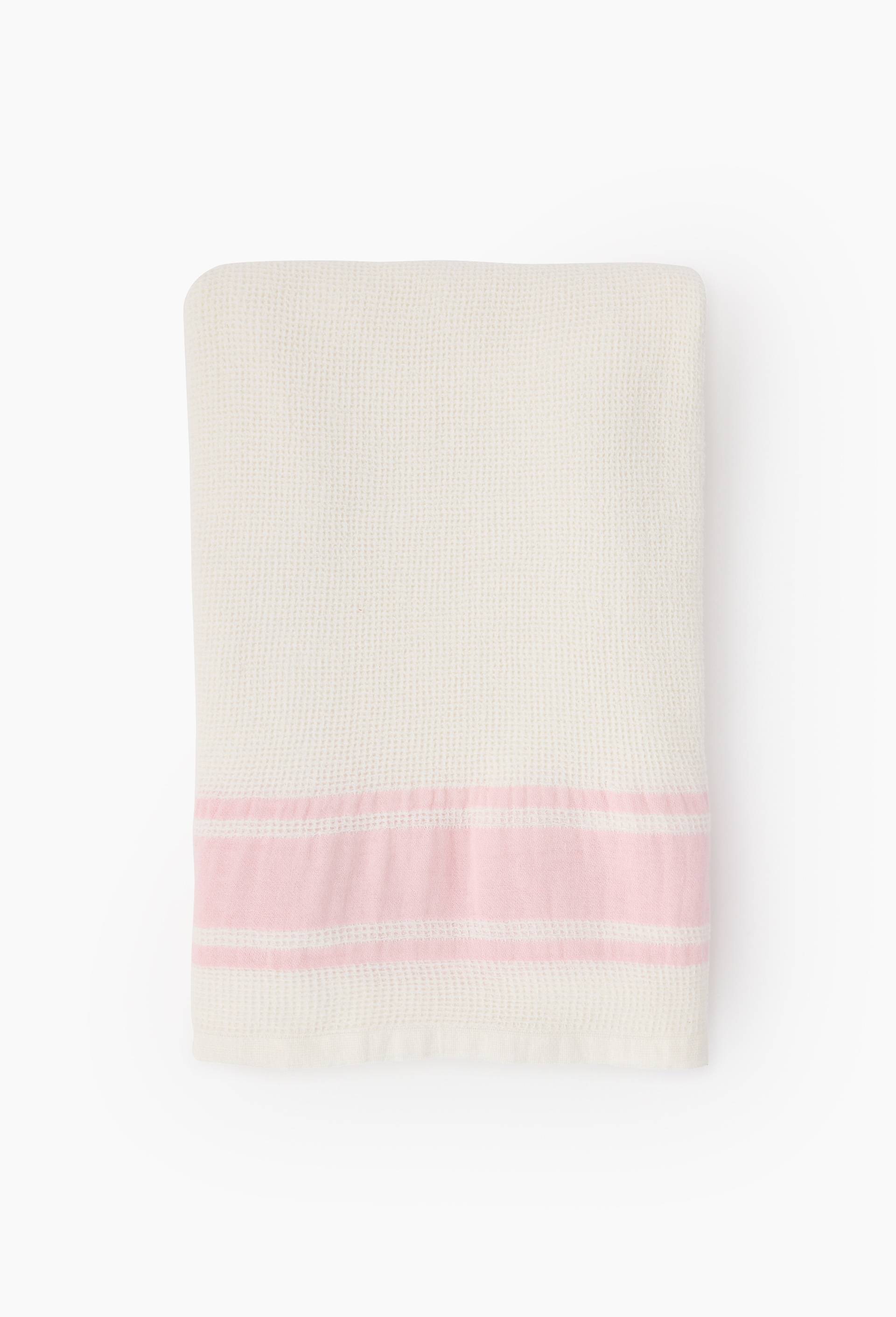 Fouta nid d'abeilles rayures, 100x180cm, 100% coton bio, Rose, large image number 0.0