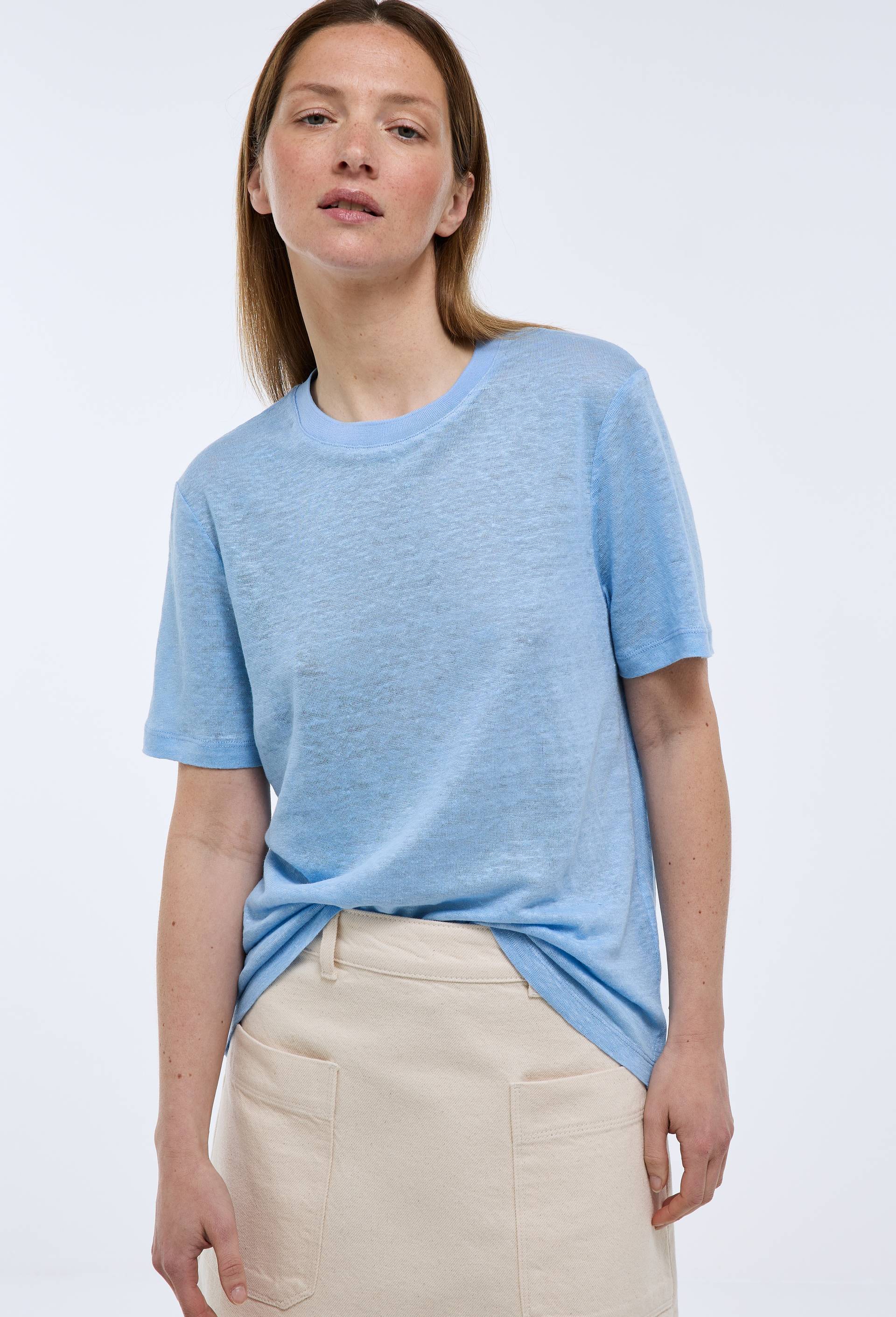T-shirt &agrave; manches courtes uni en lin, Bleu, large image number 0.0