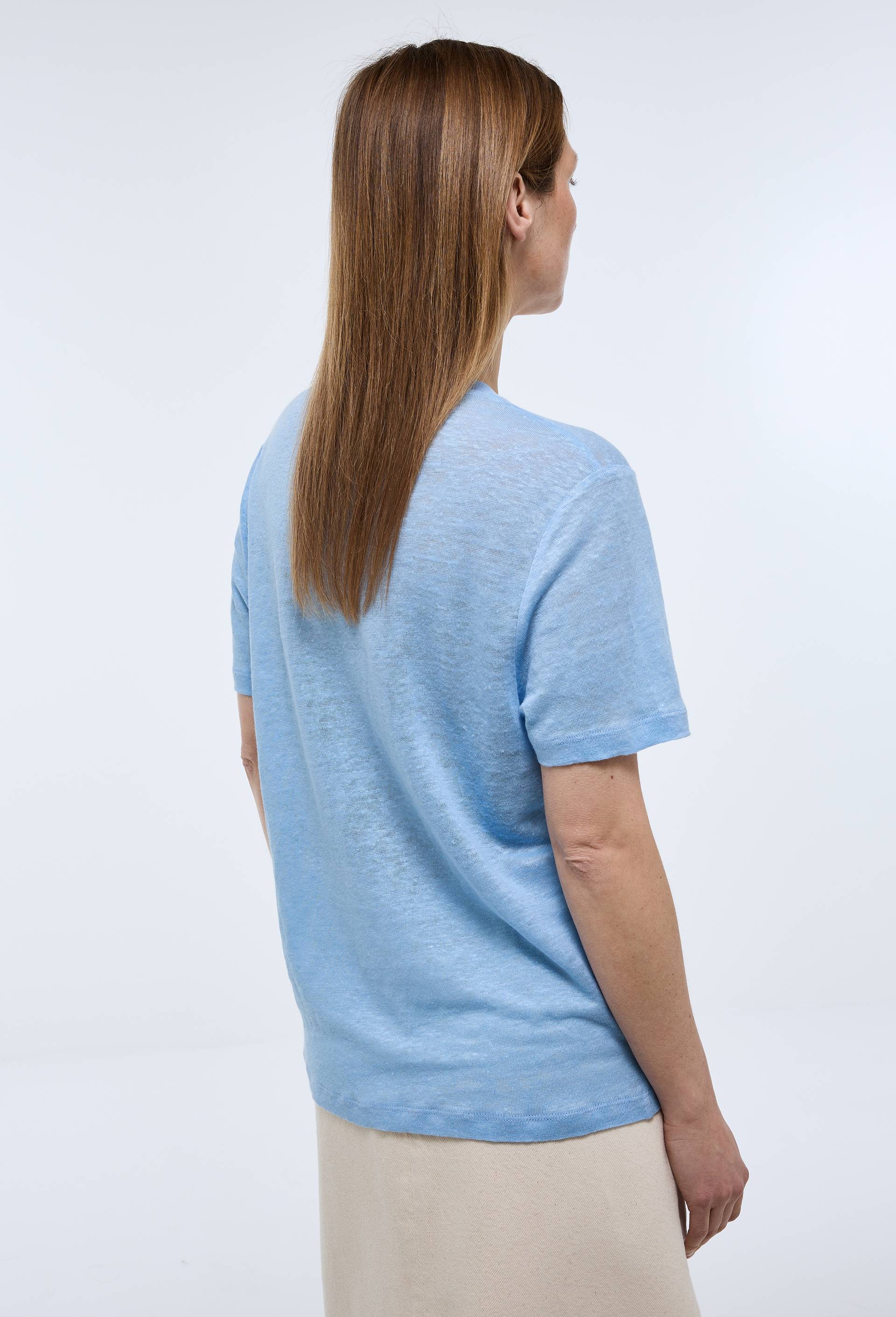 T-shirt &agrave; manches courtes uni en lin, Bleu, large image number 1