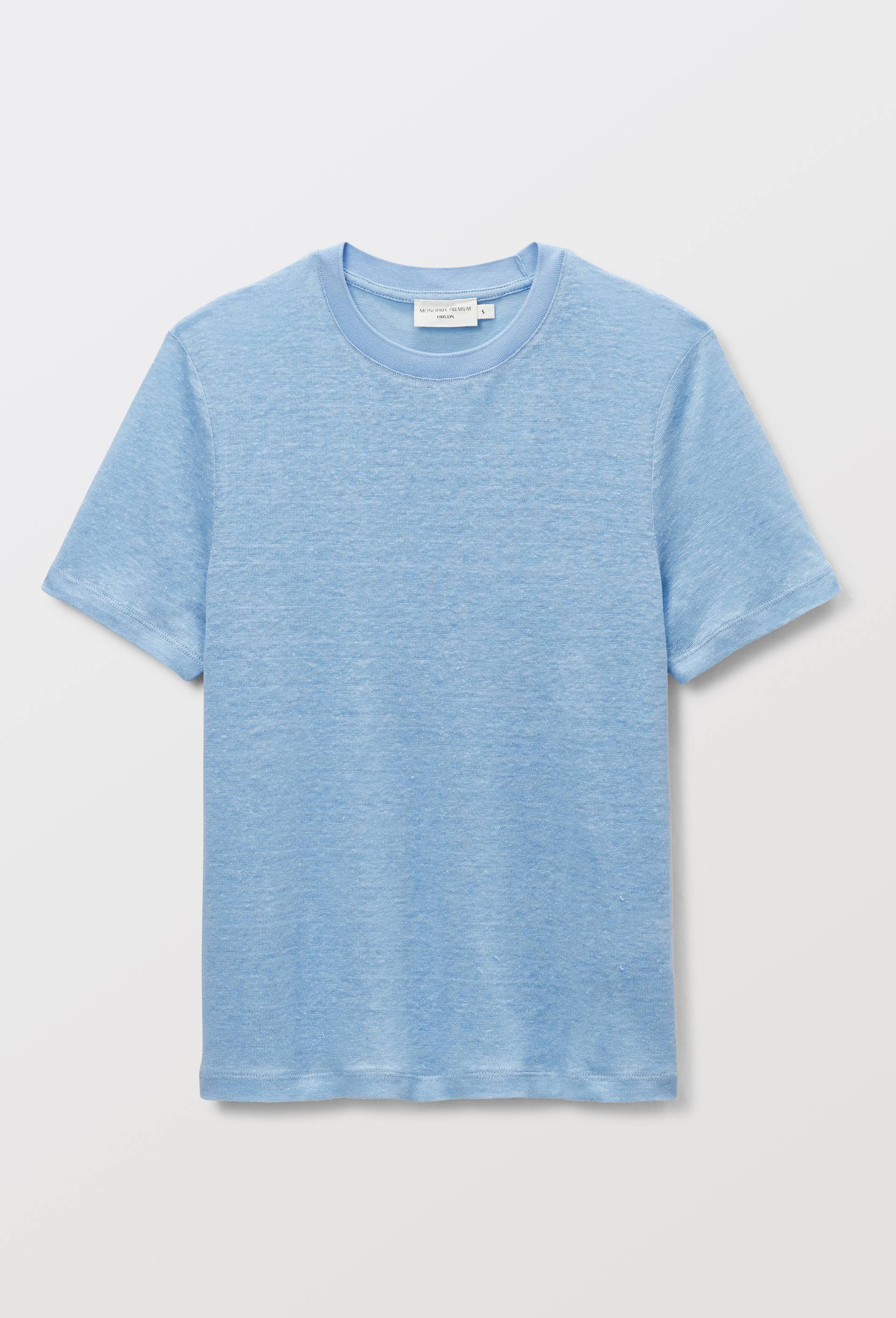 T-shirt &agrave; manches courtes uni en lin, Bleu, large image number 2