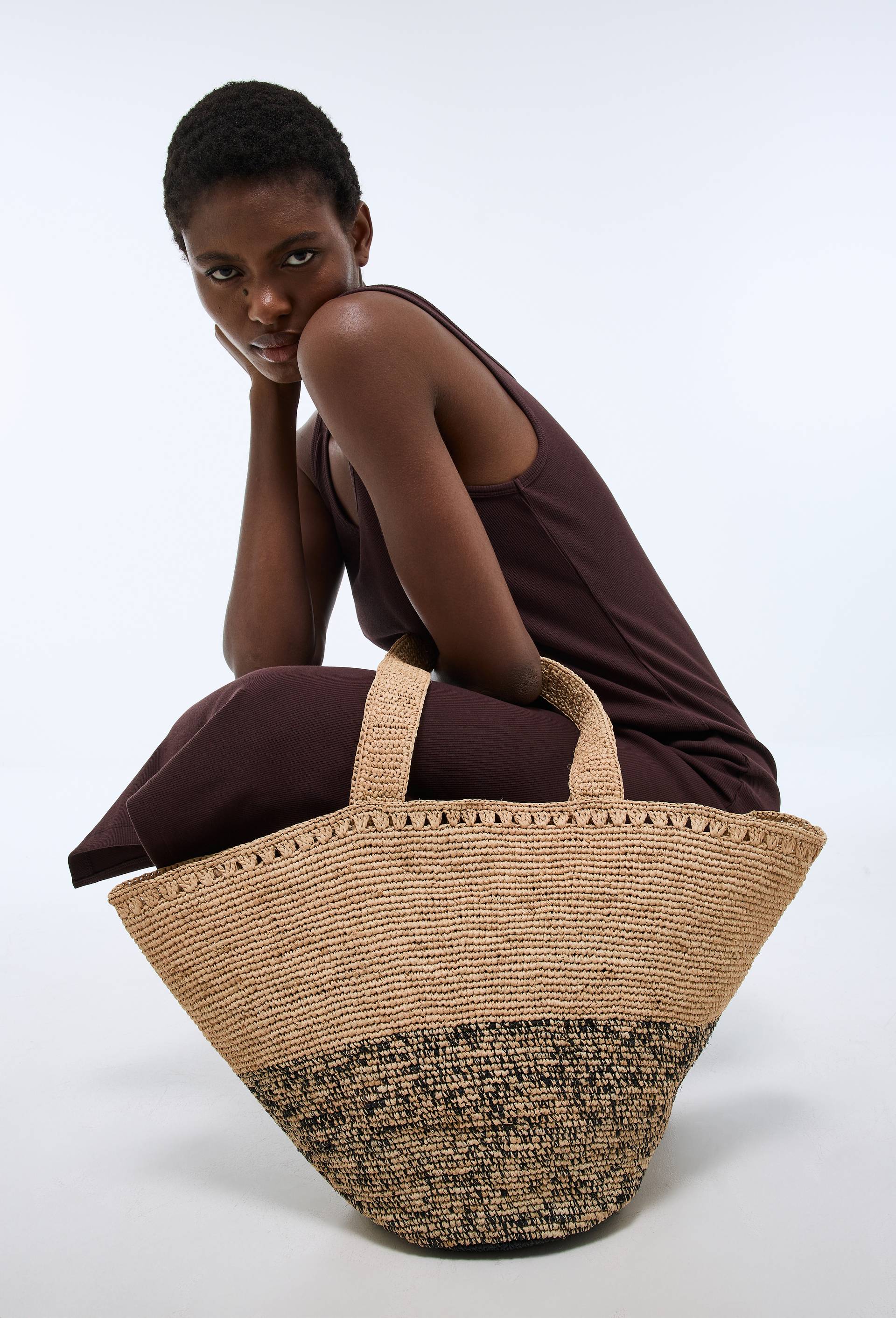 Panier en raphia, Beige clair, large
