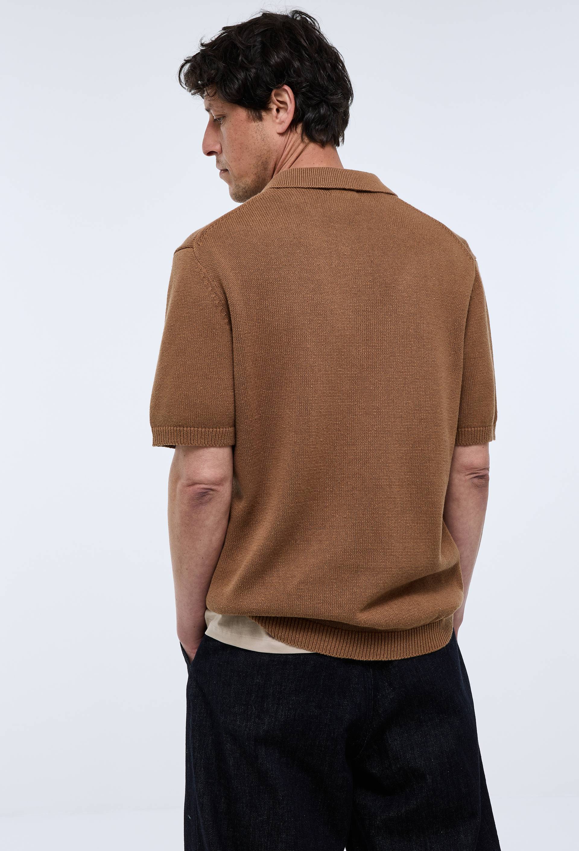 Pull col polo en m&eacute;lange lin et coton, Brun fonc&eacute;, large image number 2