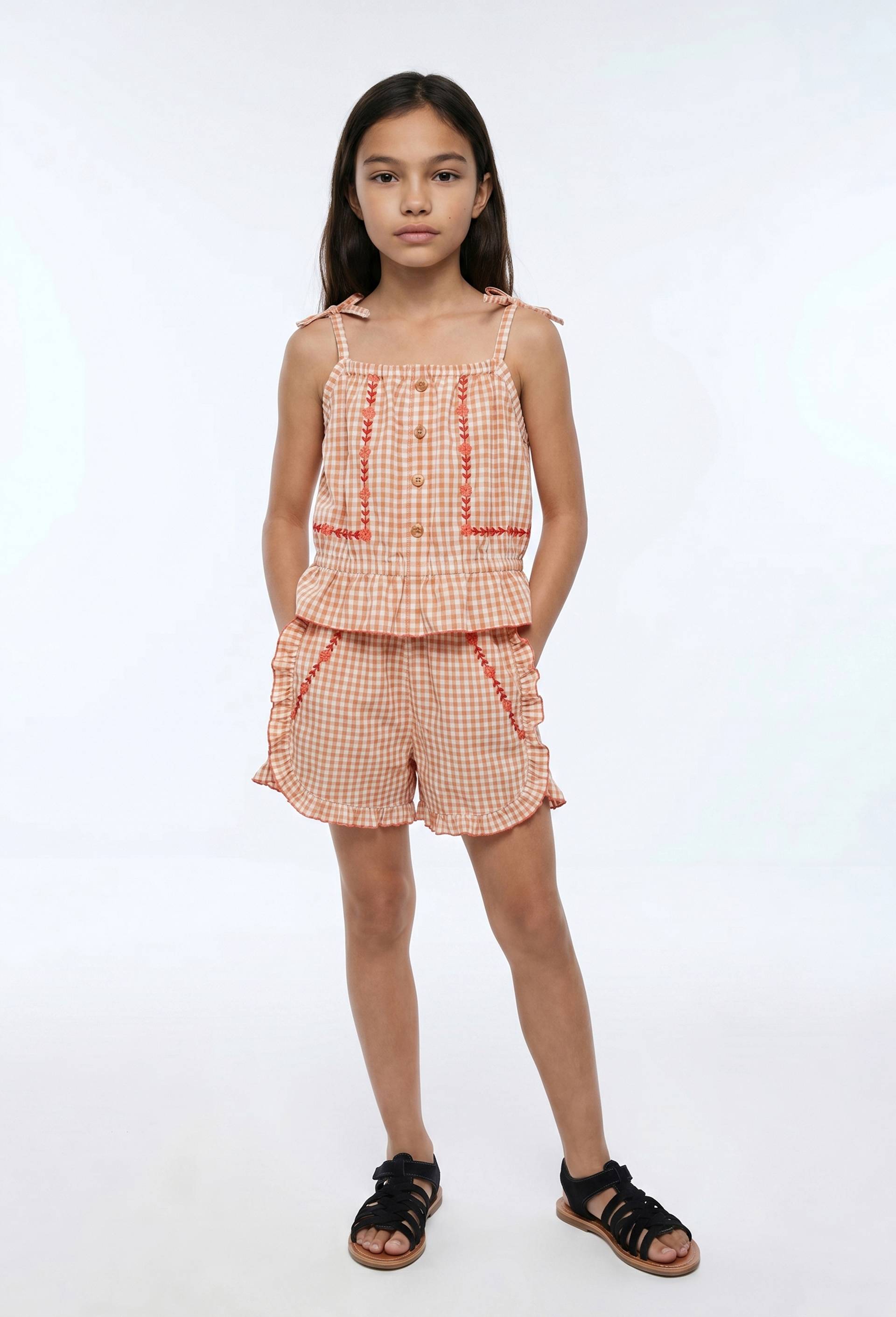 Short motif vichy brod&eacute; en coton, Rose, large image number 0