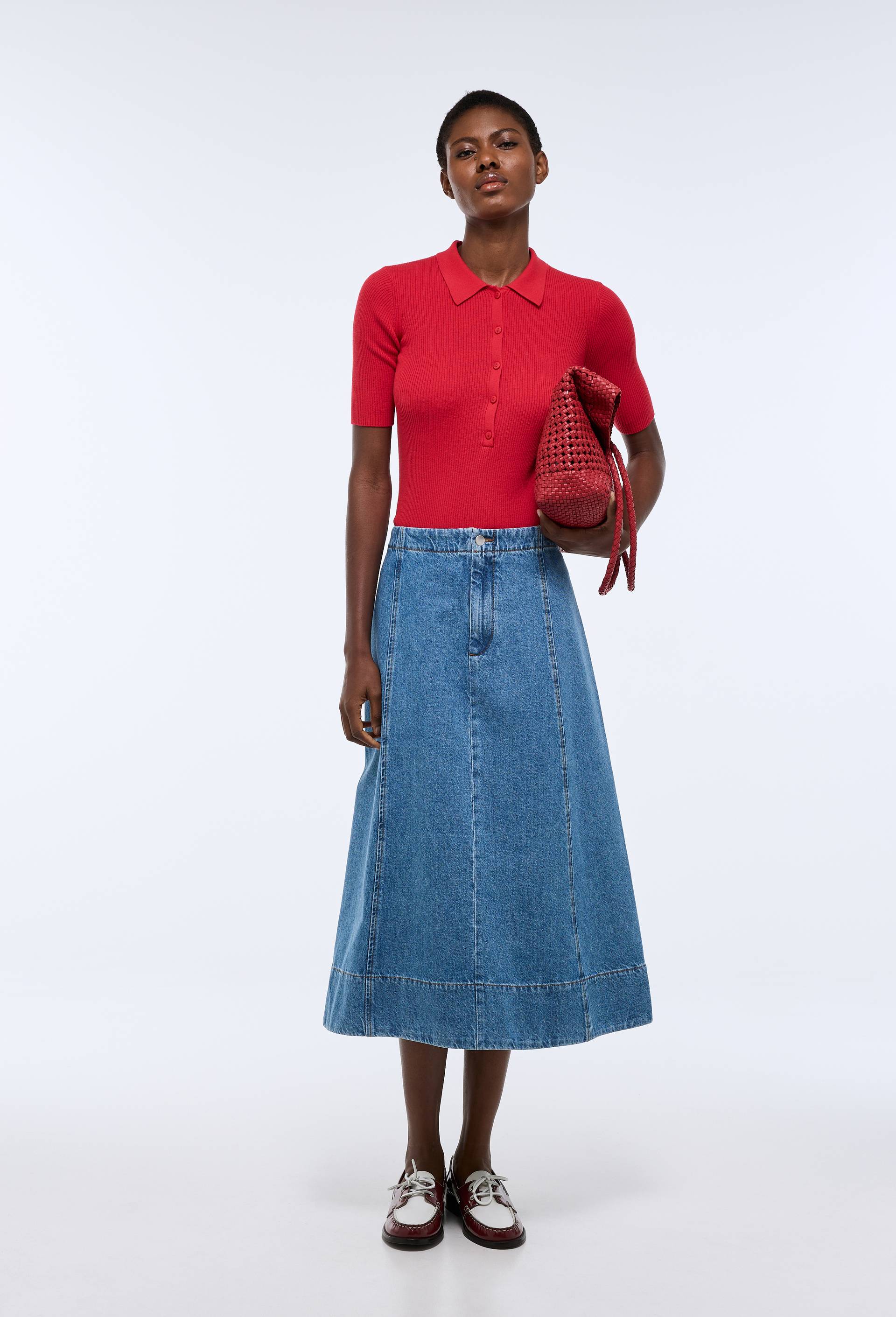 Jupe midi &eacute;vas&eacute;e en denim, Bleu, large image number 0