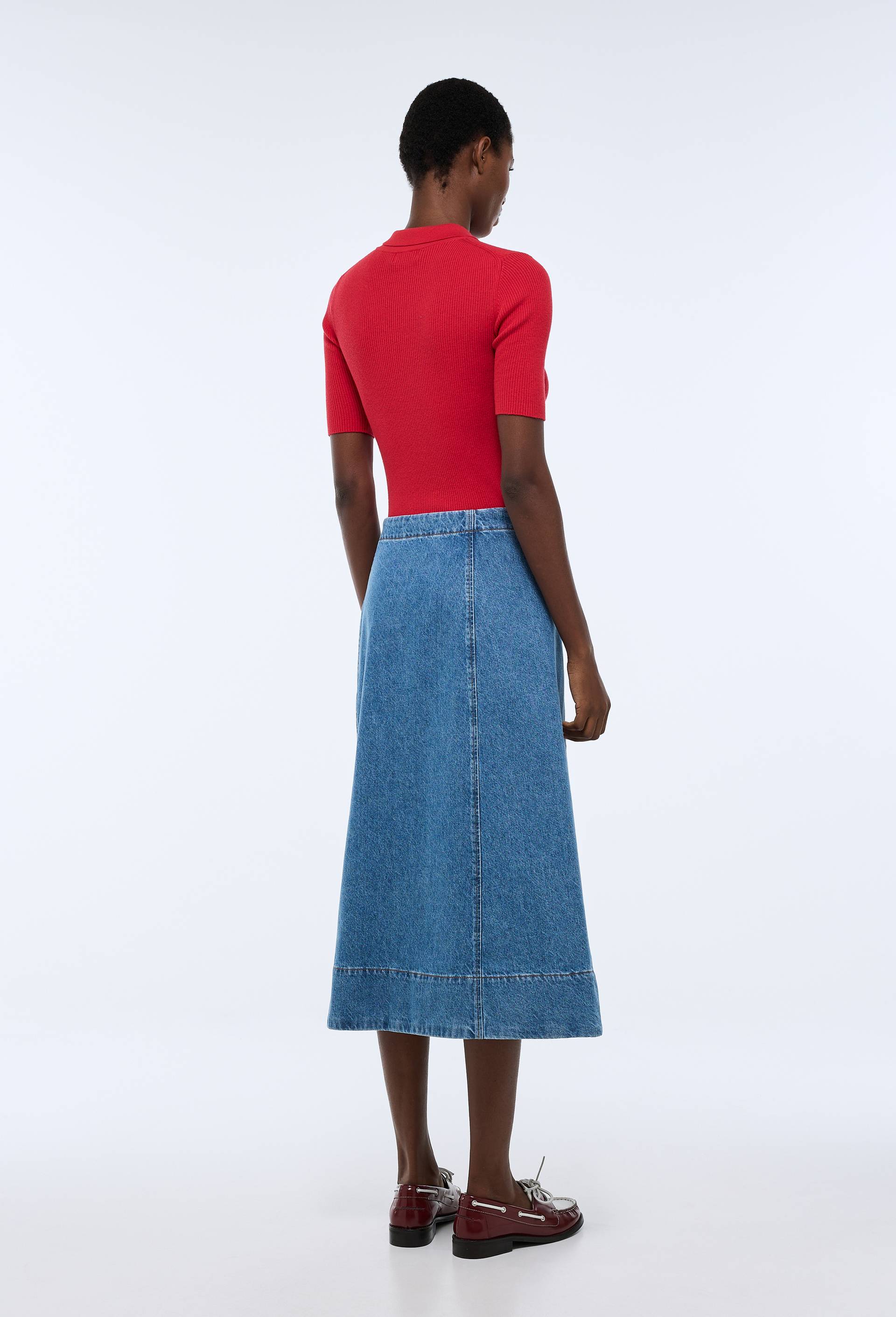 Jupe midi &eacute;vas&eacute;e en denim, Bleu, large image number 1.0
