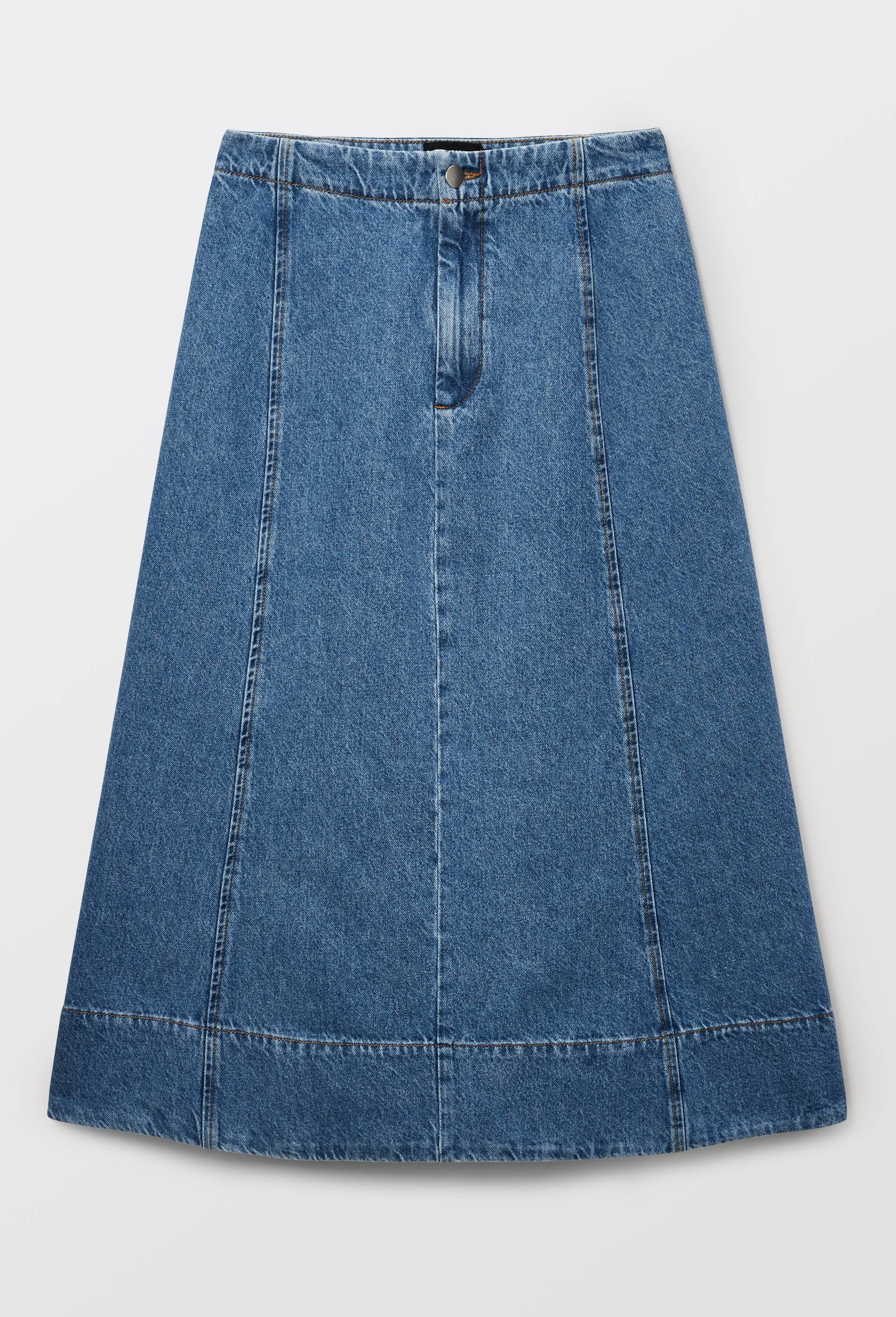 Jupe midi &eacute;vas&eacute;e en denim, Bleu, large image number 2