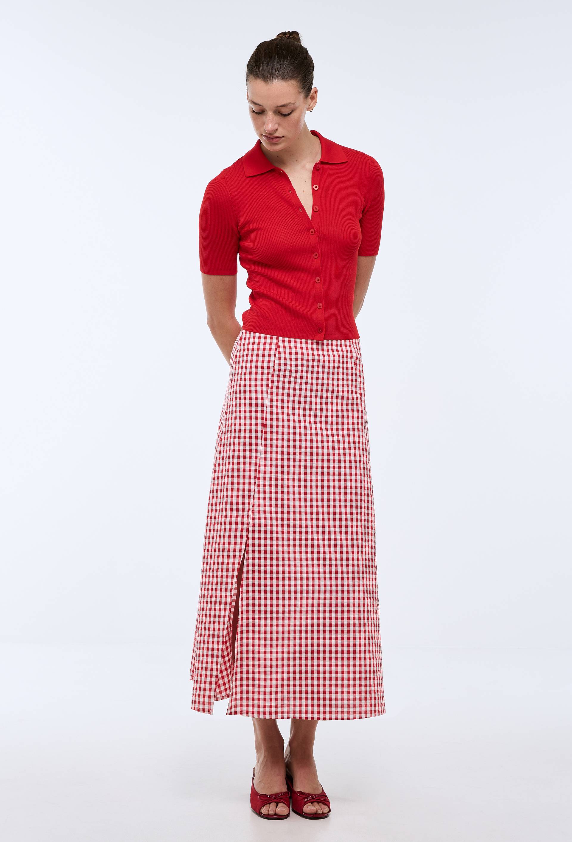 Jupe midi vichy en coton, Rouge, large image number 0