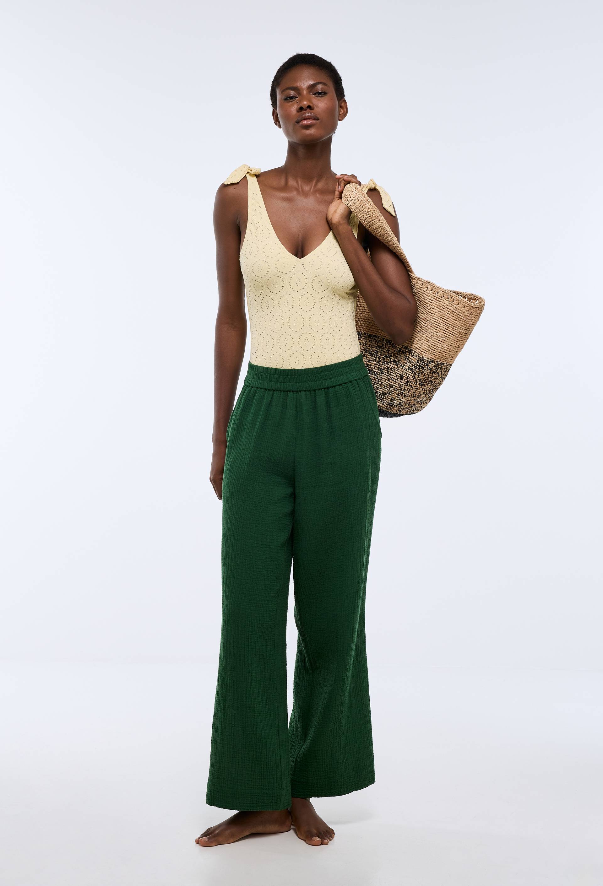 Pantalon de plage en double gaze de coton BIO GOTS, Vert fonc&eacute;, large image number 0.0