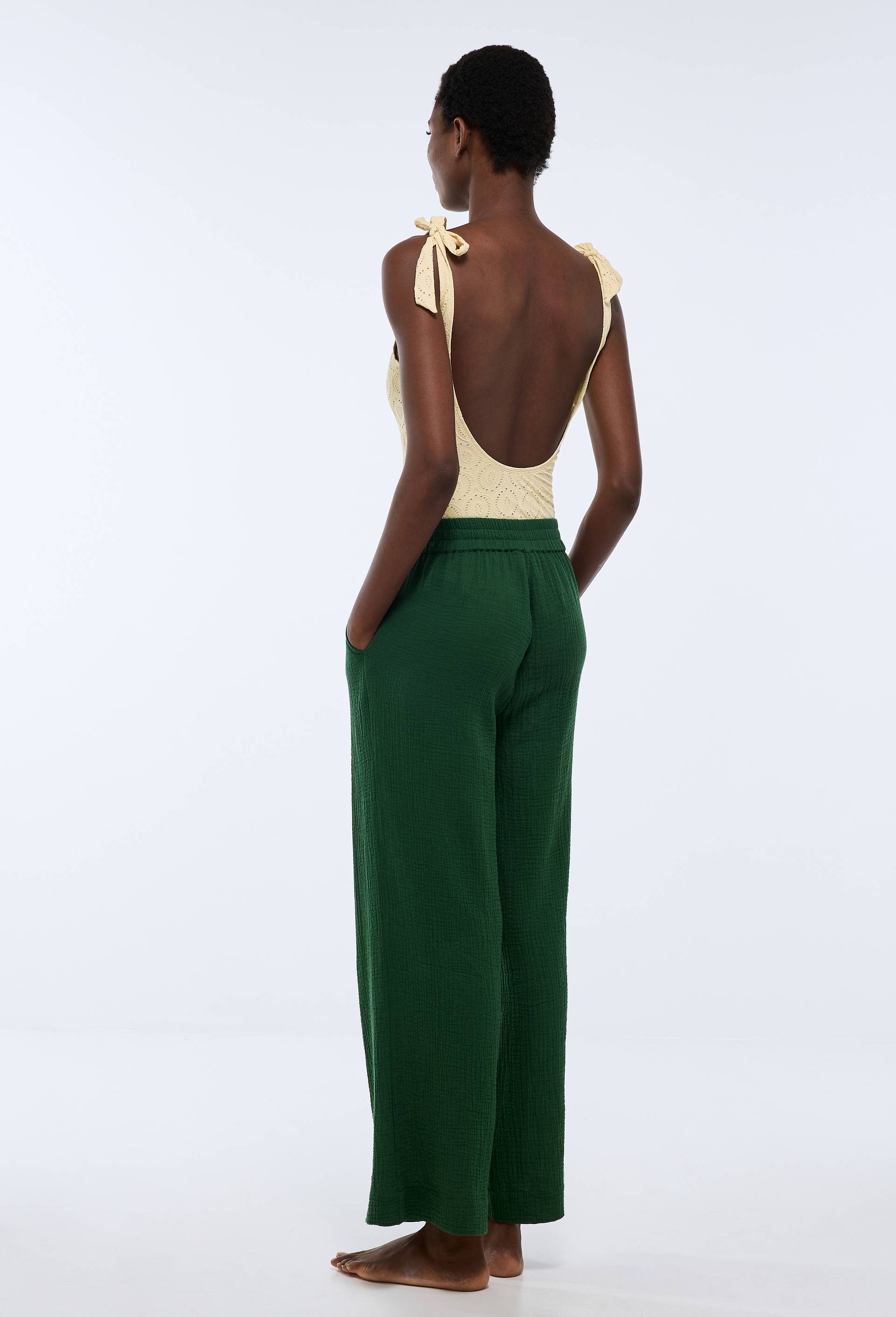 Pantalon de plage en double gaze de coton BIO GOTS, Vert fonc&eacute;, large image number 1.0