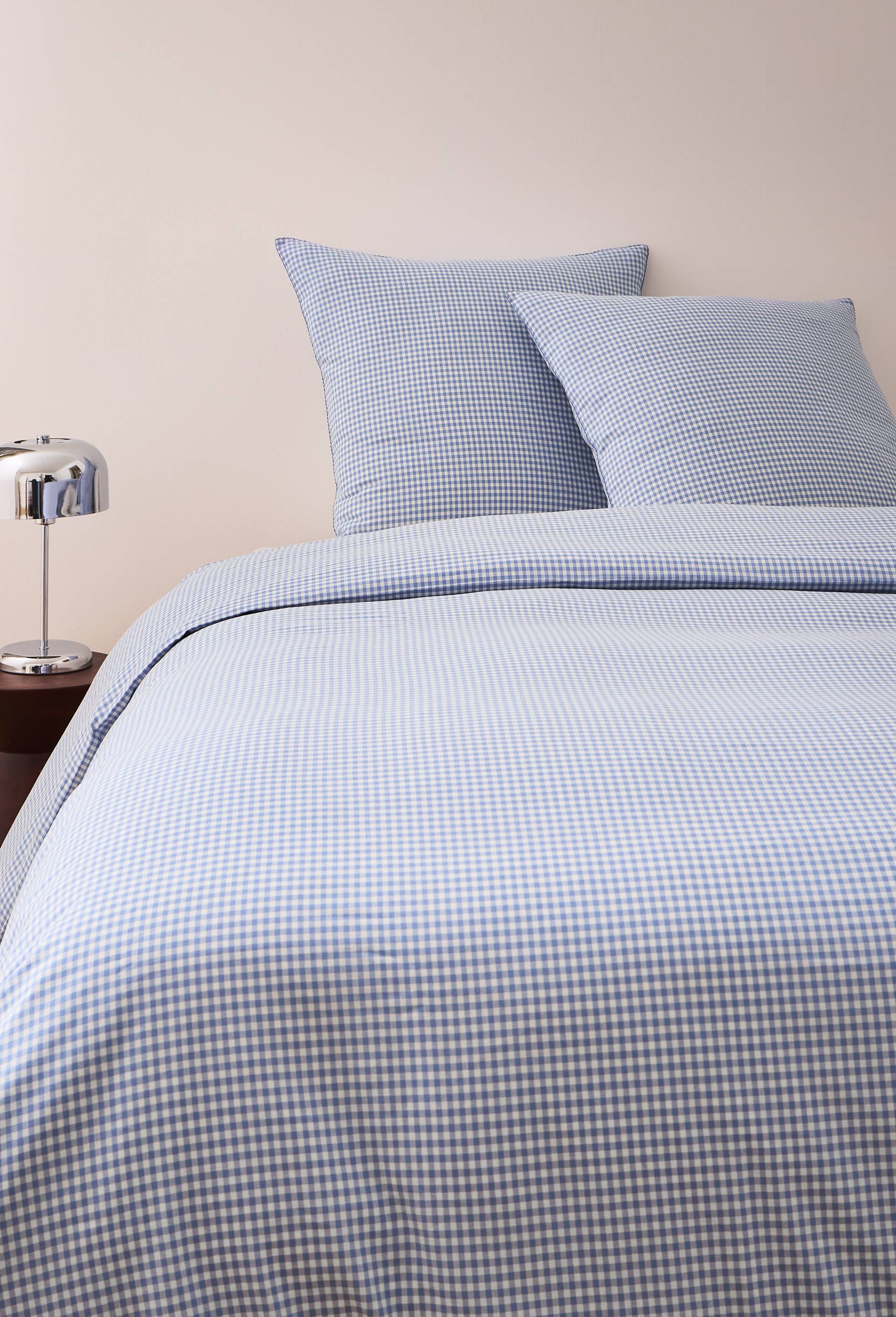 Lot housse de couette 220x240cm et 2 taies carr&eacute;es 63x63cm, tiss&eacute; teint, avec croquet,  100% coton bio GOTS, Bleu, large image number 0.0