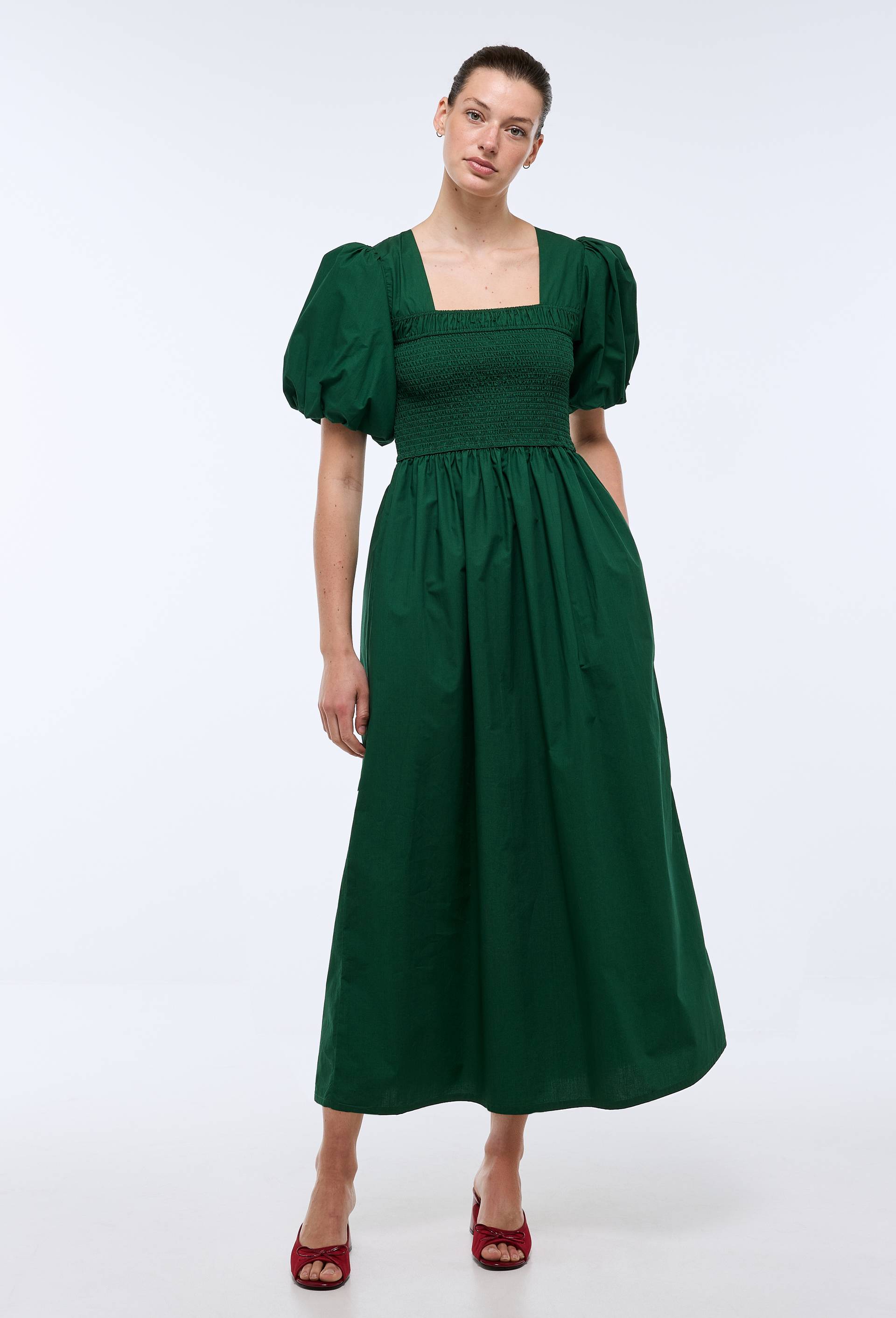 Robe midi avec smocks en coton BIO GOTS, Vert fonc&eacute;, large image number 0.0
