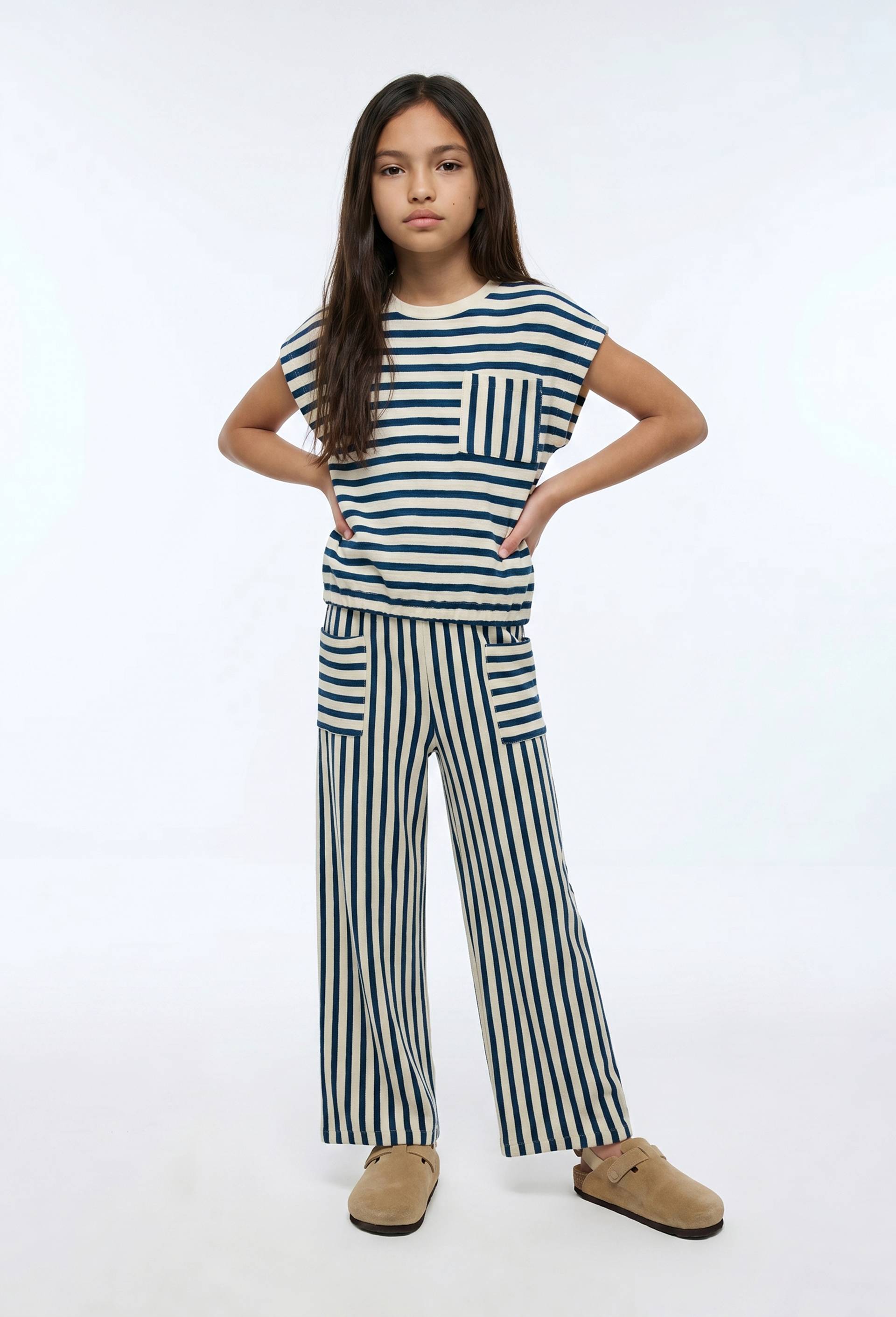 Pantalon large ray&eacute; en coton, Bleu, large image number 0